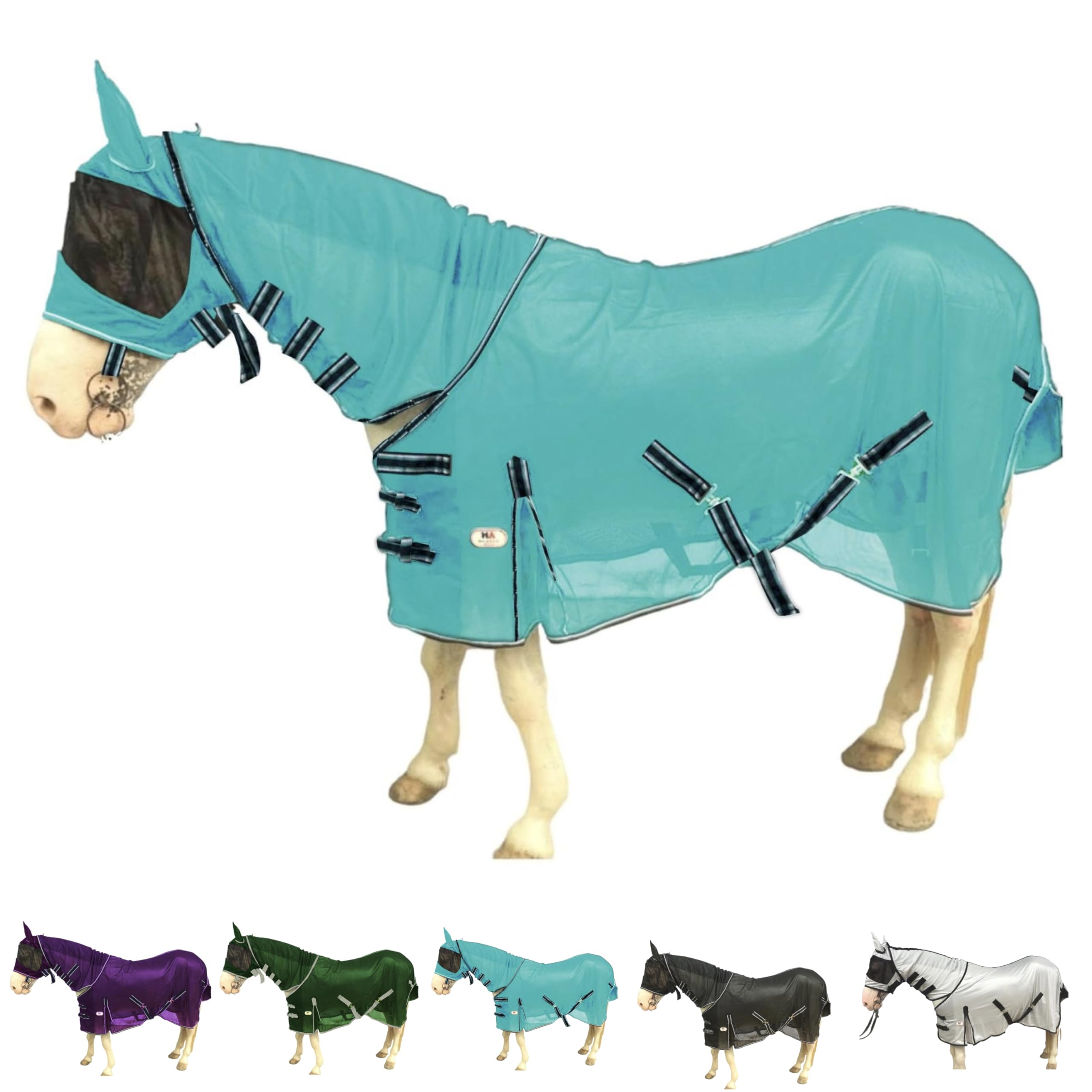 Majestic Ally Horse Fly Sheet with Neck Cover and Head Mask, Breathable UV and Bite Equine Protection, Adjustable Body Straps, B