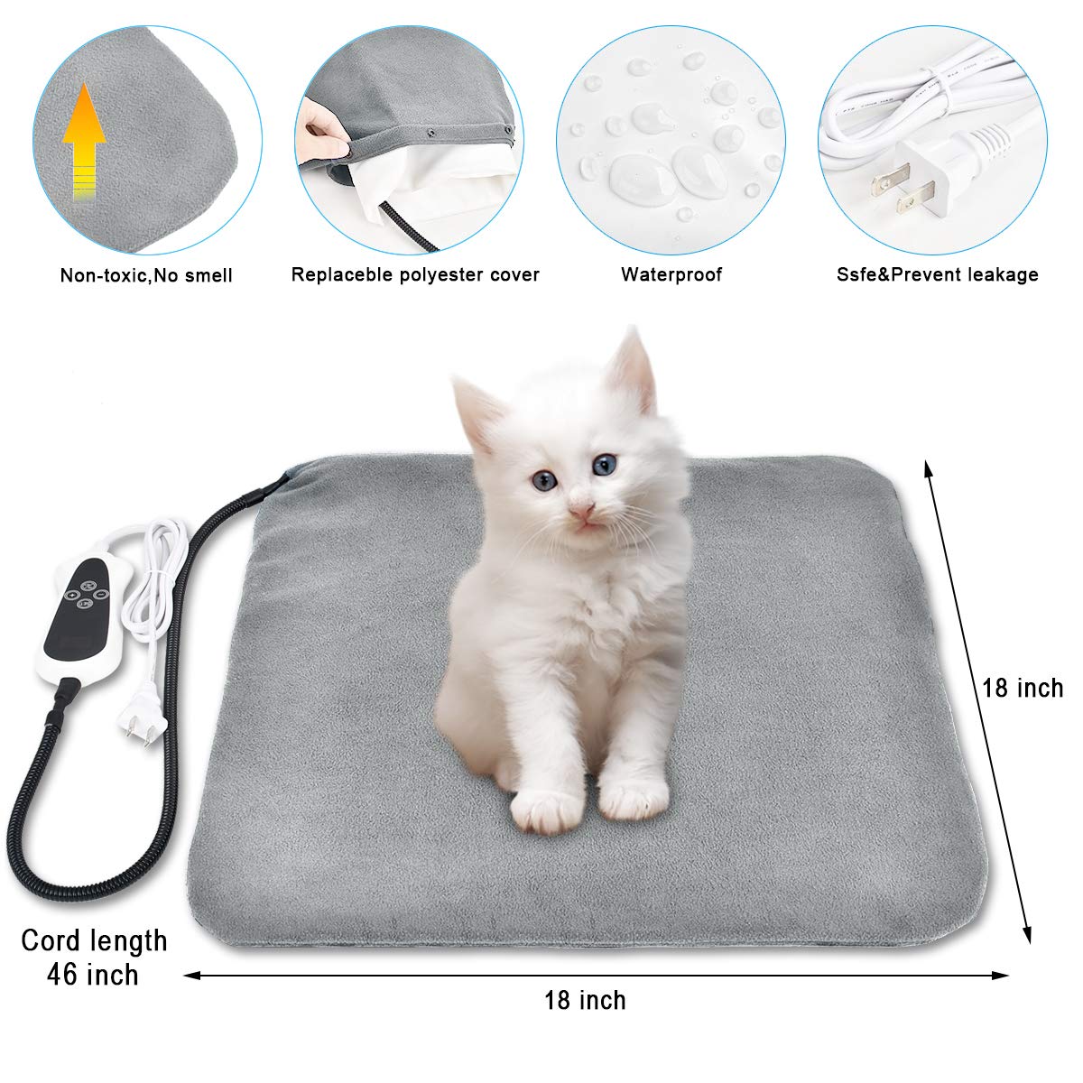 RIOGOO Pet Heating Pad - Waterproof Electric Dog Cat Heater, M: 18"x18", Grey, Model BHS-1020, Auto Power Off