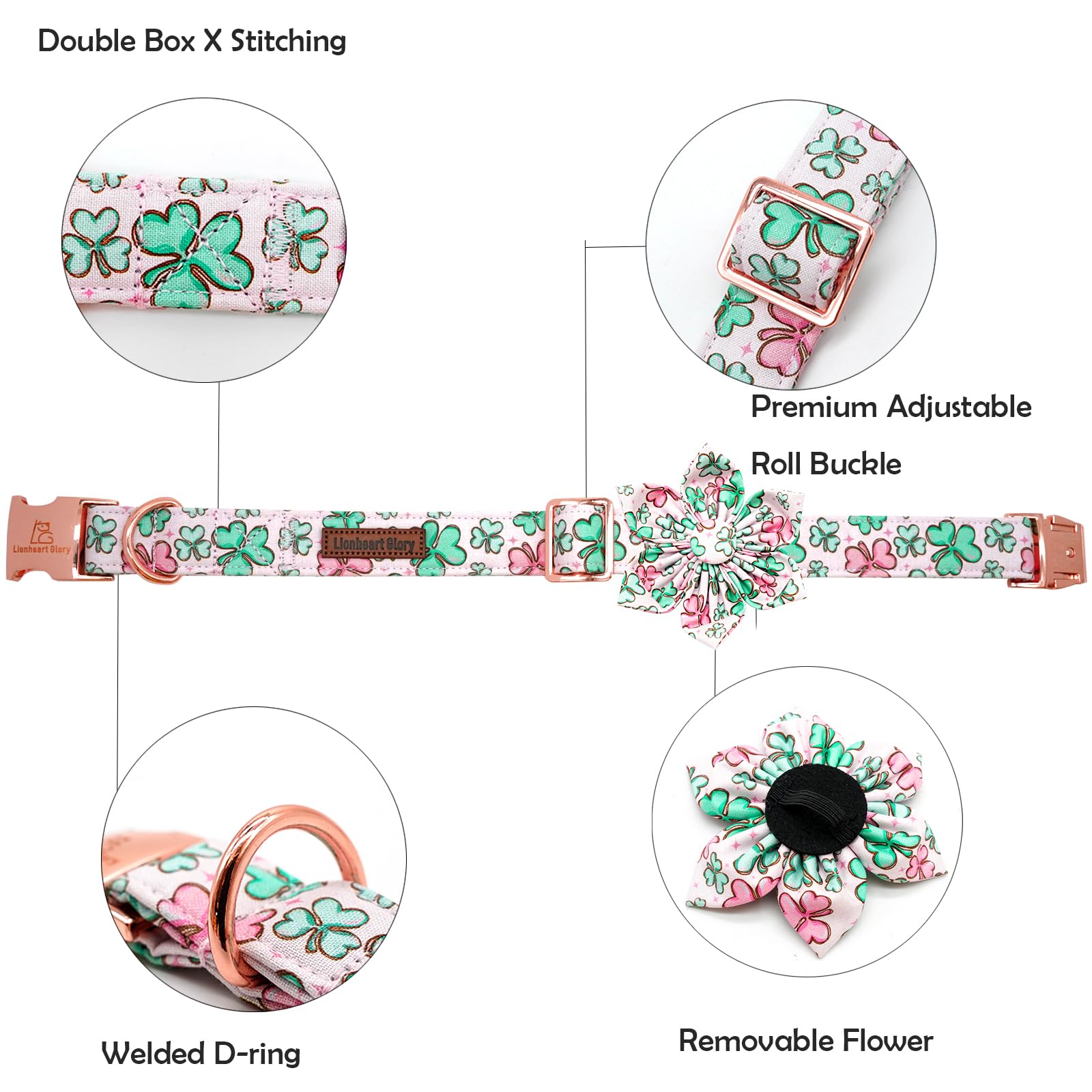 Lionheart Glory St. Patrick'S Day Collar With Flower Bows, Green Shamrock Clover Collar For Small Dogs