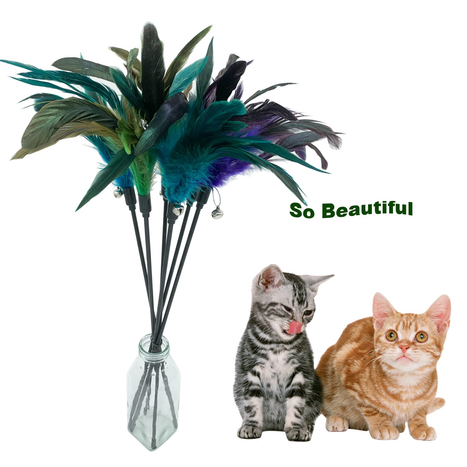 CATENESS Cat Wand Toy - 8 Pack Interactive Feather Stick Toys for Indoor Cats