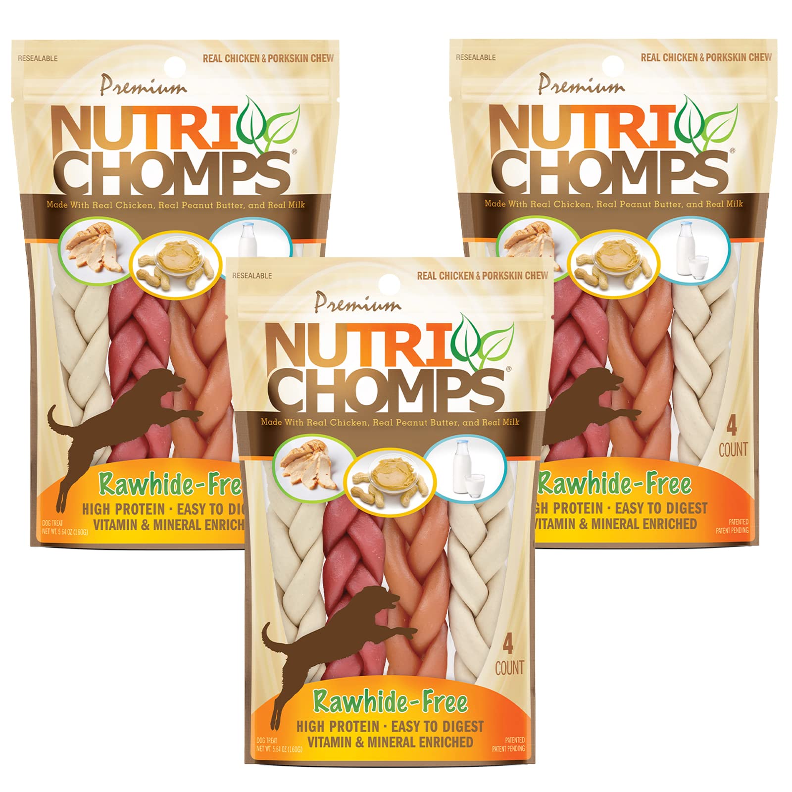 NutriChomps Dog Chews- 6-inch Braids,Easy to Digest, Rawhide-Free Dog Treats, Healthy, 4 Count, Real Chicken, Peanut Butter and