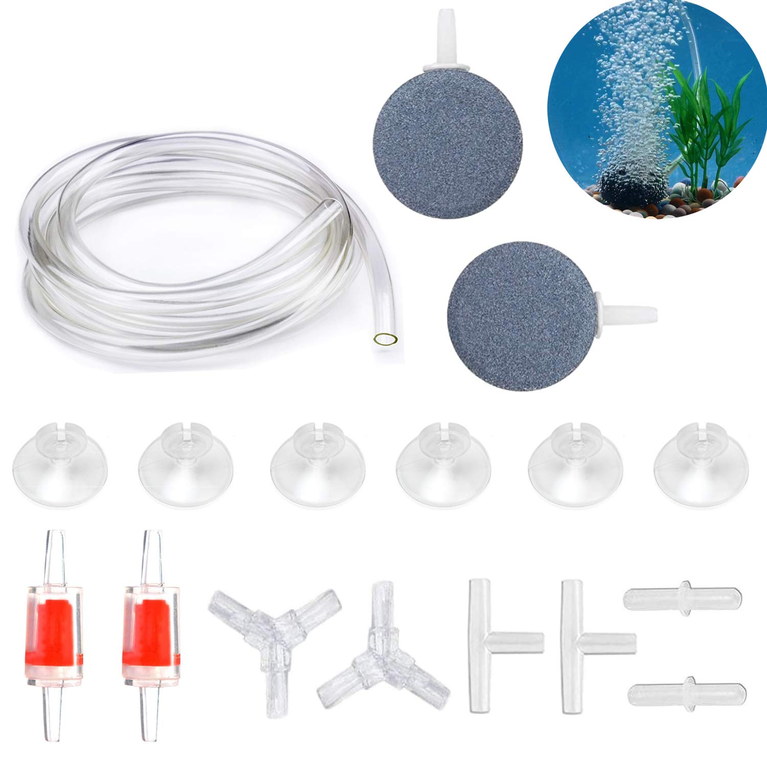 Dekago Transparent Airline Tubing Standard Aquarium Air Pump Accessories Kit With Check Valves, Air Stones, Suction Cups And Connectors For All Fish Tank
