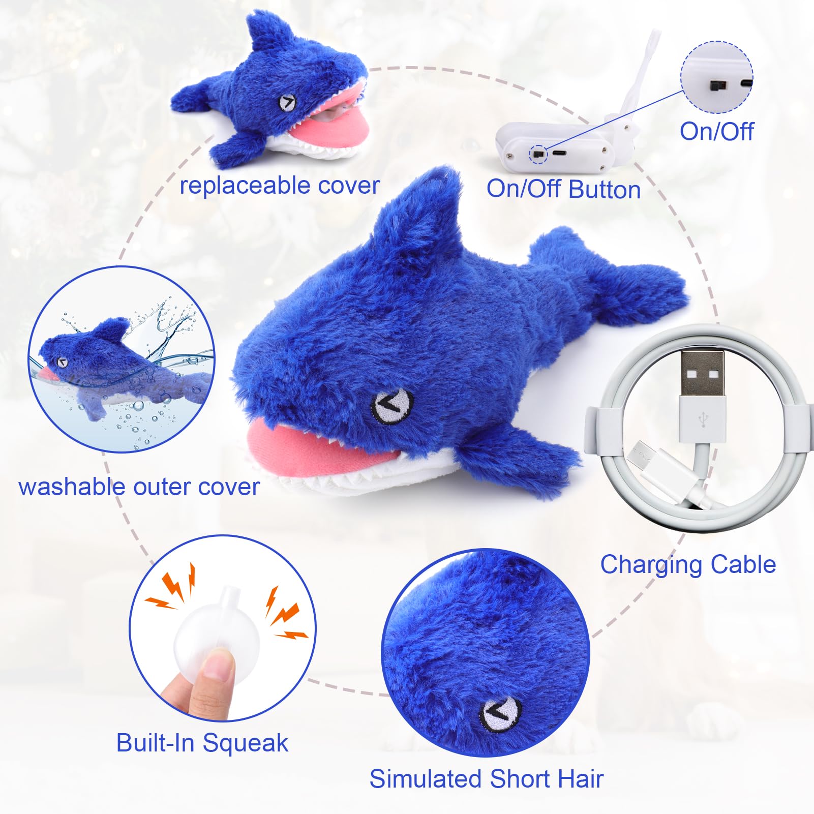 Mity rain Shark Dog Toy - 2 in 1 Interactive Plush Squeaky Toy, Rechargeable Wiggly Fish for Small to Large Dogs, Blue