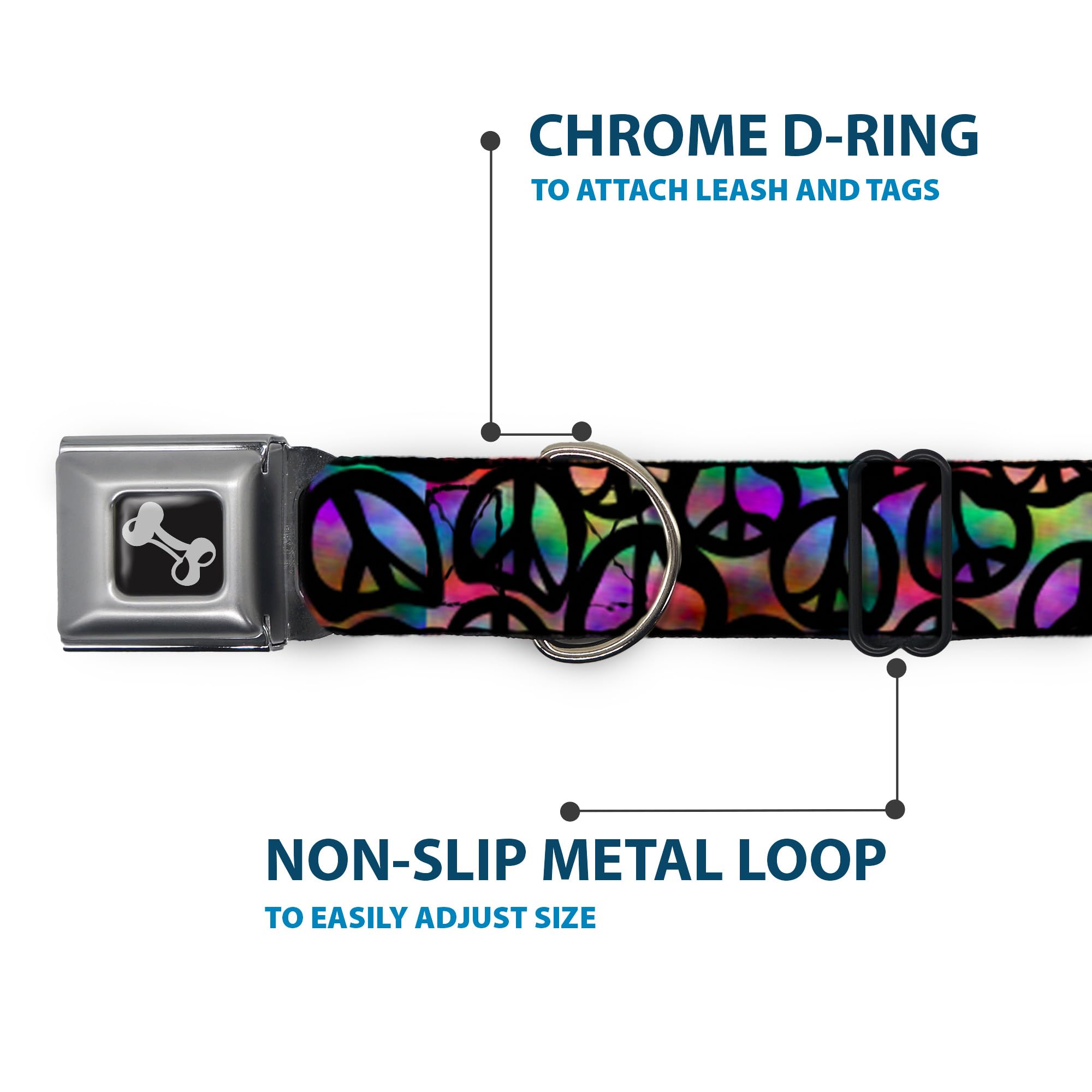 Buckle-Down Seatbelt Buckle Dog Collar - Peace Psychedelic - 1' Wide - Fits 9-15' Neck - Small