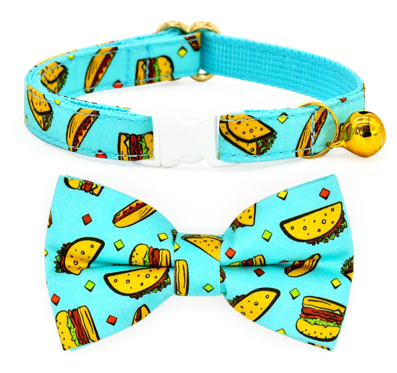 Taco Cat Collar Bow Tie, Breakaway Safety Collar, Wedding/Birthday Cat Accessories, Adjustable Bowtie, Removable Jingle Bell