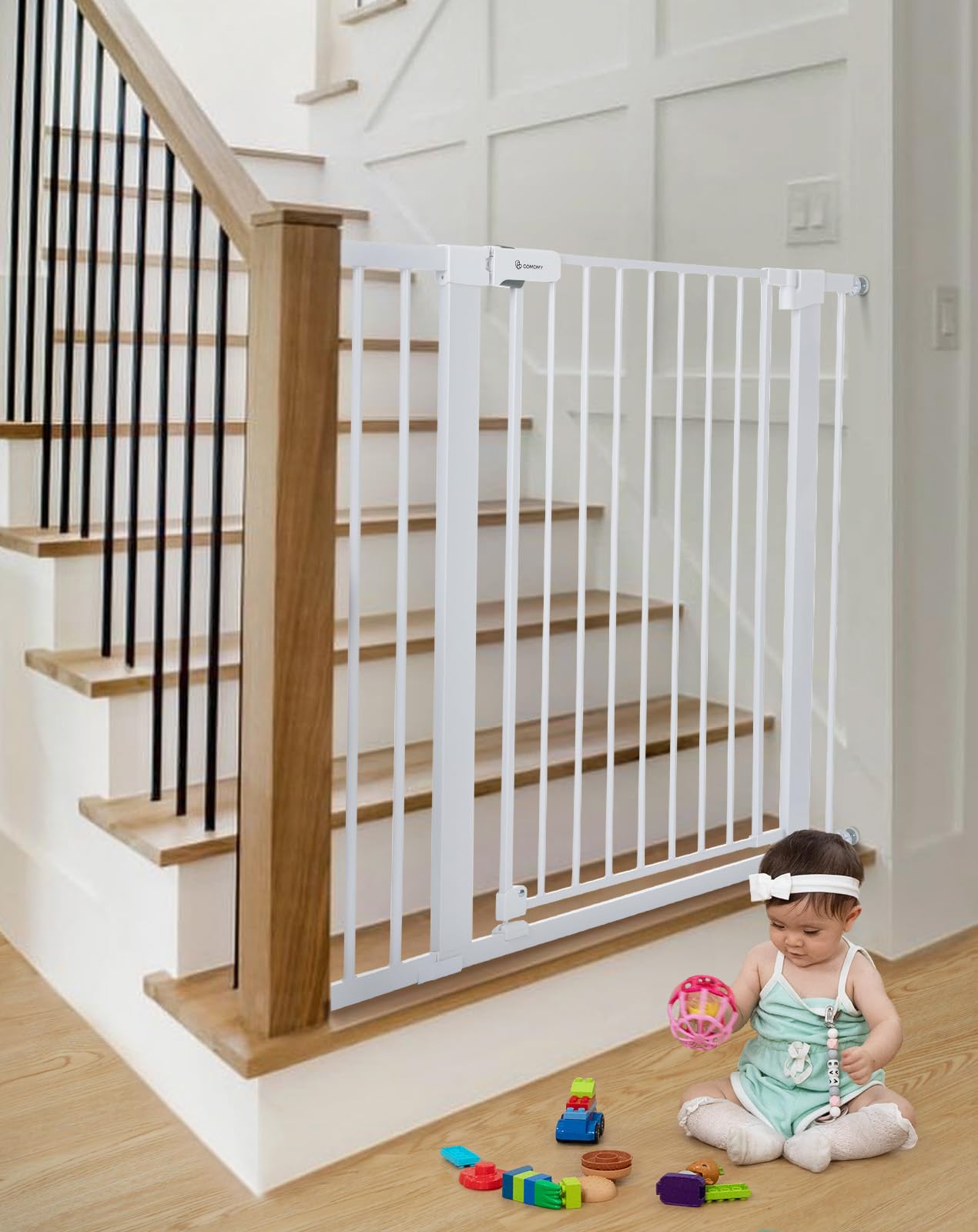 Comomy 36' Extra Tall Baby Gate For Stairs Doorways, Fits Openings 29.5' To 40.6' Wide, Auto Close Sturdy Safety Dog Gate For House, Pressure Mounted Easy Walk Through Pet Gate With Door, White