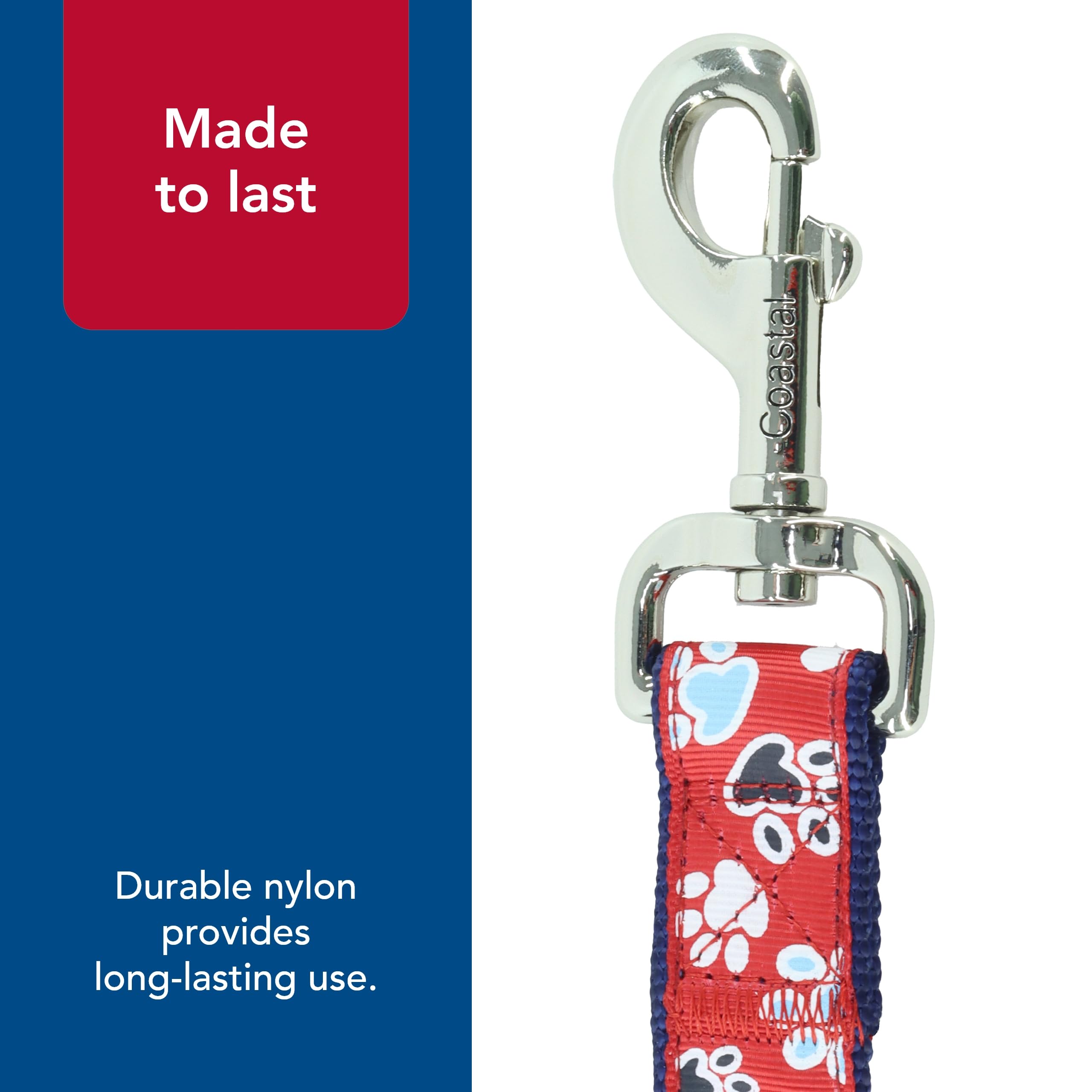 Coastal Pet Ribbon Dog Leash - Contemporary Stylish Look - Durable Fade-Resistant Nylon Material - Perfect For Dogs Red With Paws, 5/8' X 06'