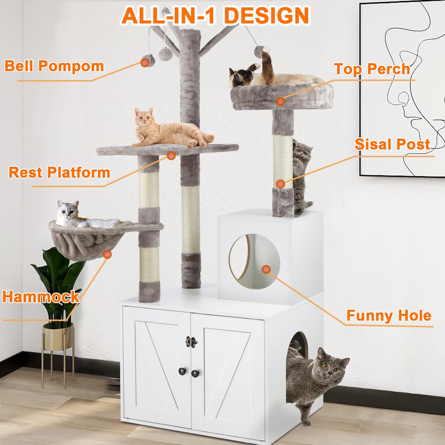 Timberer Cat Litter Box Enclosure & Tree, 2-in-1 Modern Condo, Engineered Wood, 19.7"D x 23.6"W x 61"H, White