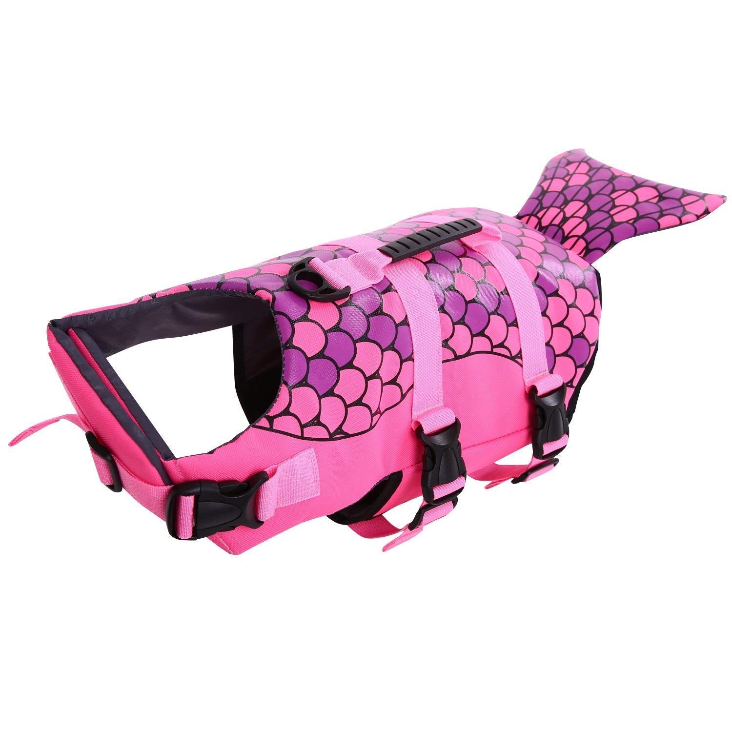 Queenmore Dog Life Jacket Ripstop Shark Dog Safety Vest Adjustable Preserver With High Buoyancy And Durable Rescue Handle For Small,Medium,Large Dogs, Pink Fish Medium