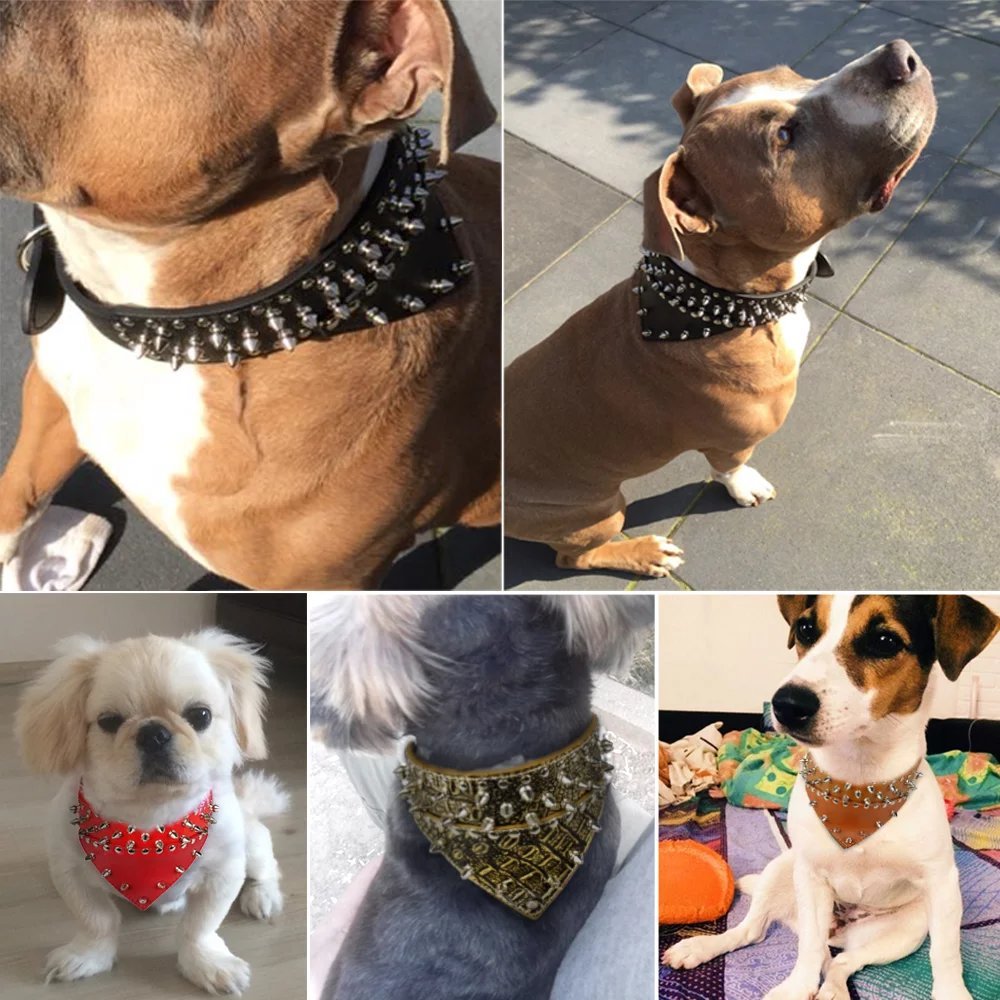 Didog 2' Width Bandana Style Scarf Leather Dog Collar, Spiked Studded Fit Dalmatian Pit Bull Terrier,Black L Size