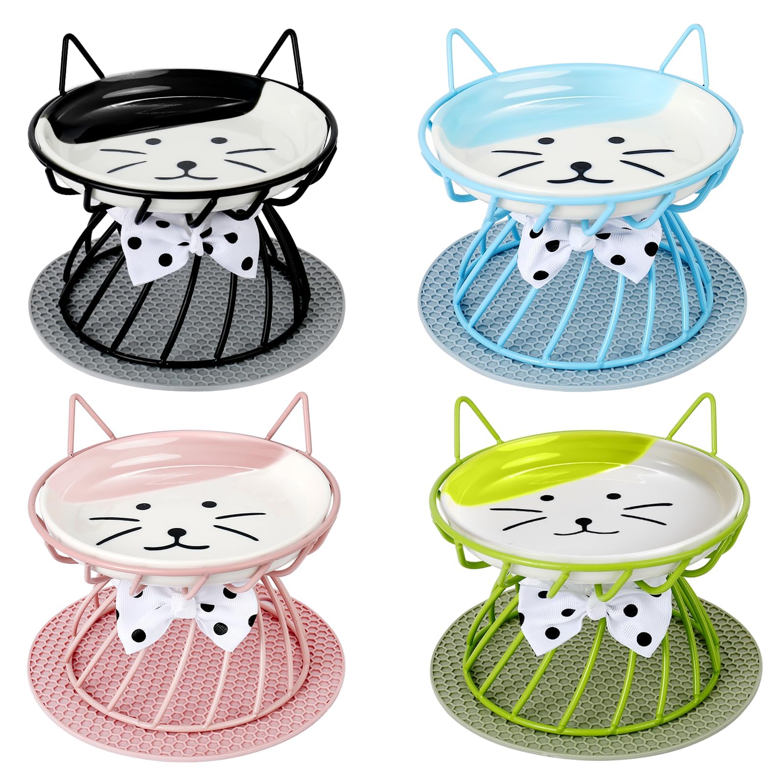 4-in-1 Elevated Pet Food Bowls - Ceramic, Non-Slip, Dishwasher Safe, Whisker-Friendly Stand for Cats & Puppies