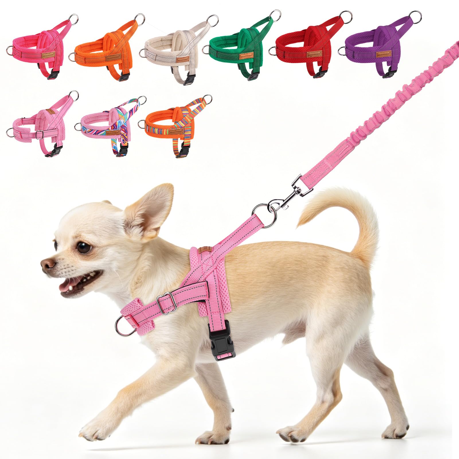BEAUTYZOO Dog Harness Small Sized Dogs,2.0 Upgraded No Pull Front Adjustable Dog Harness and Leash Set,Escape Proof Soft Puppy V