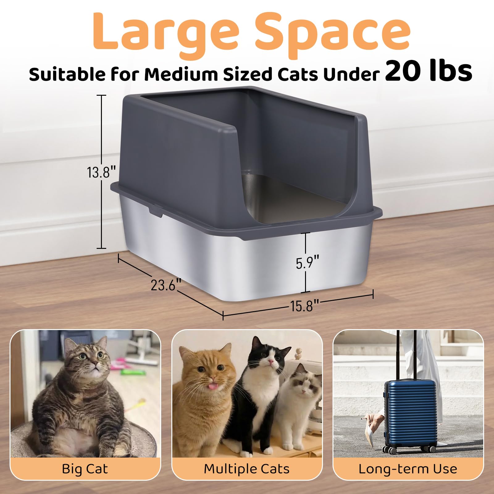 Outvita Enclosed Stainless Steel Cat Litter Box With Lid, Xl Metal Litter Box With Mat And Scoop, High Side To Prevent Spills, N