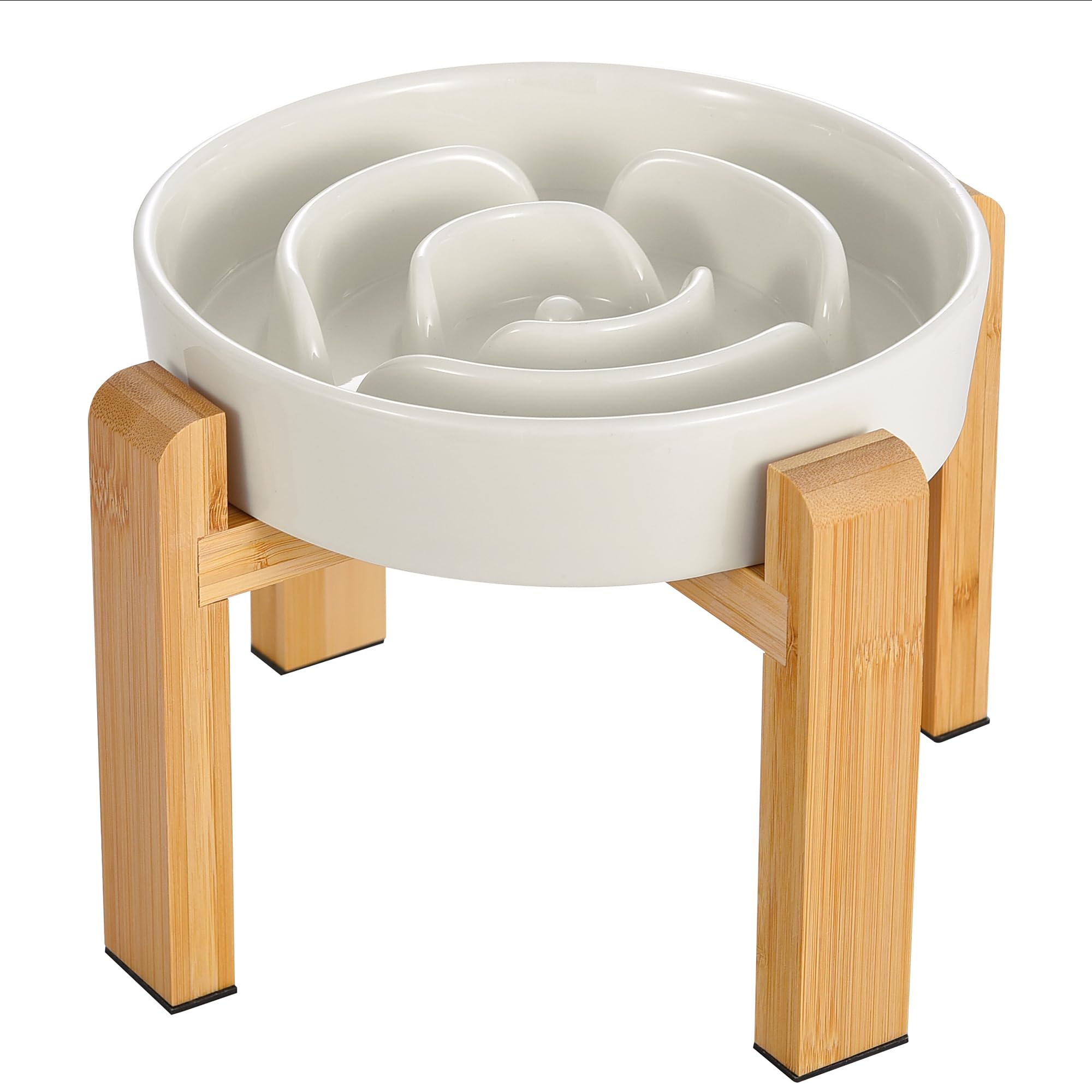 Elevated Slow Feeder Dog Bowl - Ceramic Food Dish with Bamboo Stand - Raised Maze Design - Ideal for Medium to Large Dogs - Milk