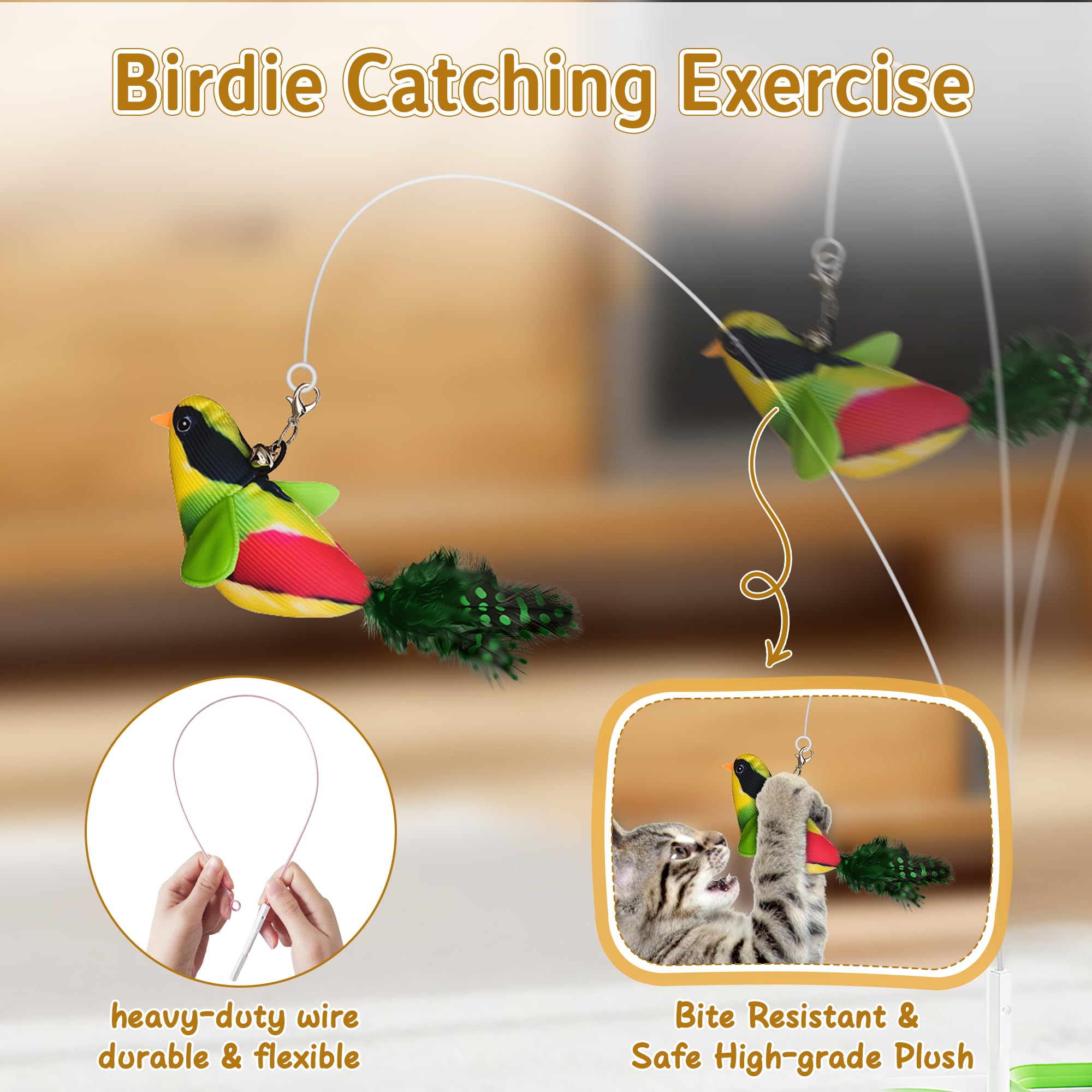 Panrio Interactive Toys For Indoor Cats,3-In-1 Cheese-Shaped Automatic Cat Toy,Flying Bird,6 Holes Whack A Mole,Rotating Feather