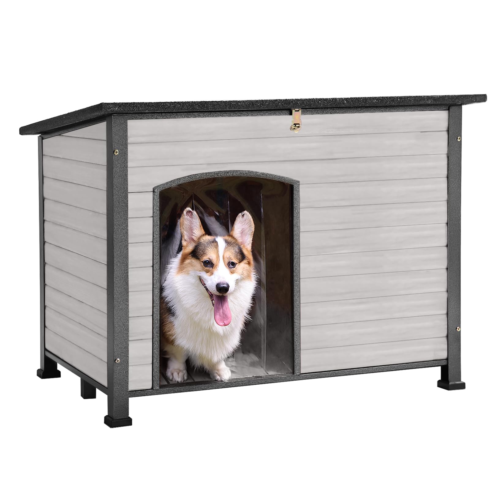 Gutinneen Chew Proof Dog House With Metal Iron Frame Outdoor Dog Kennel For Small Medium Large Indoor Dog Cage (43.3'' L,Off-Whi