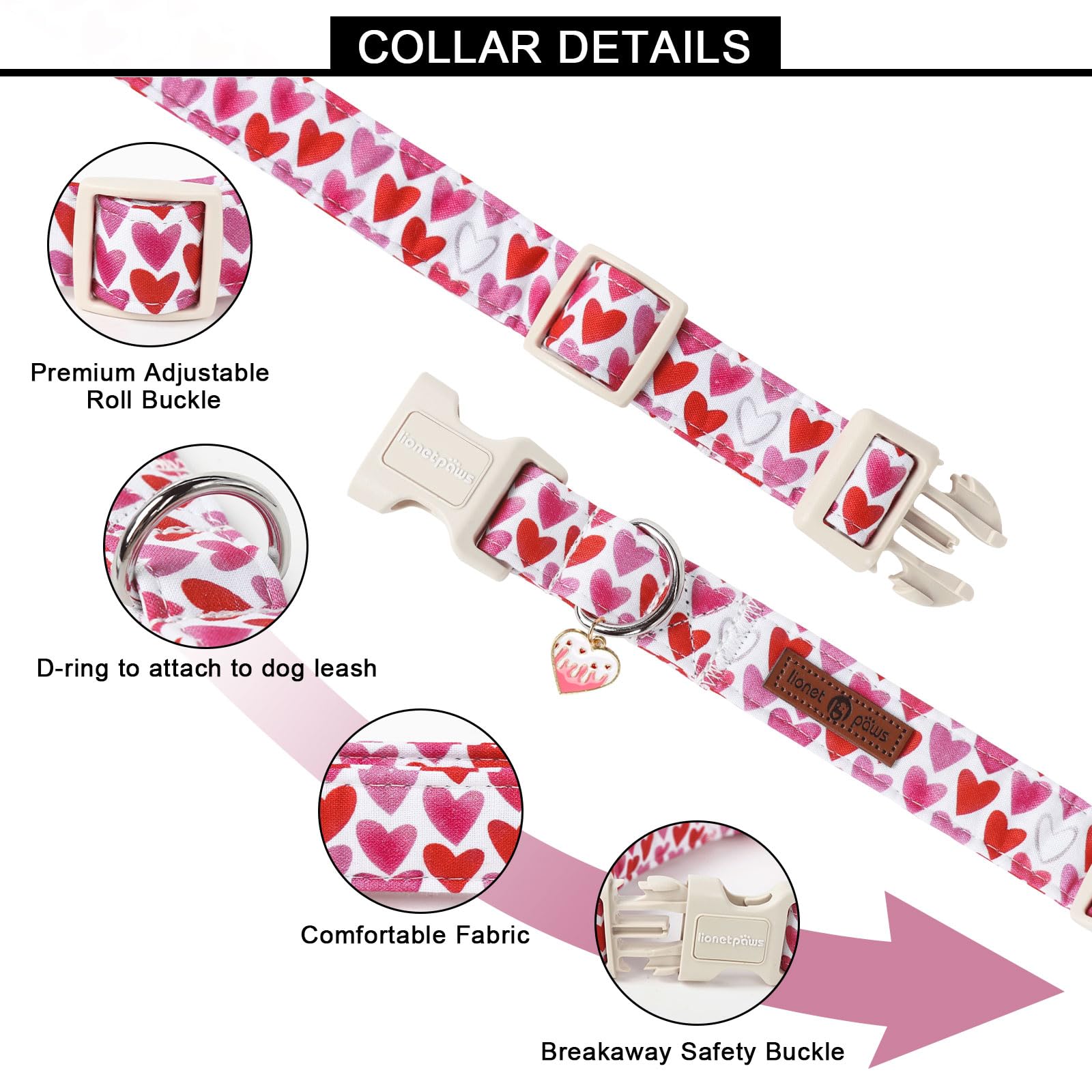 Lionet Paws Valentine'S Dog Collar- Cute Love Heart Dog Collars With Plastic Buckle, Light Adjustable Dog Collars For Small Dogs