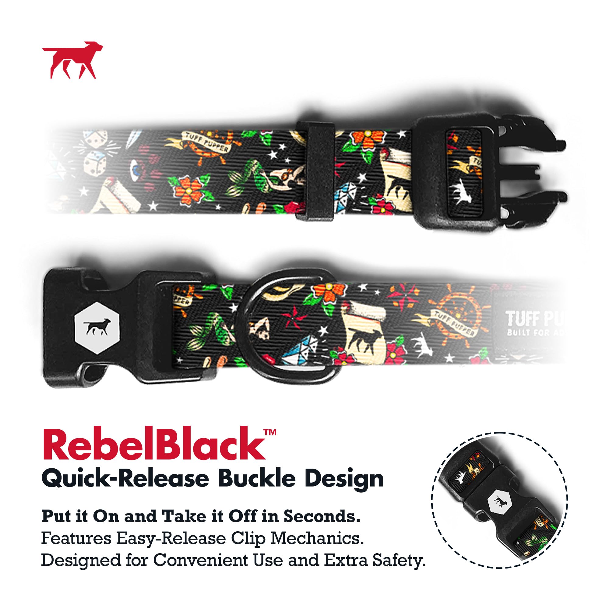 Tuff Pupper Premium Adjustable Dog Collar for Medium Dogs, Stylish Pattern Collars Designed in USA, Quick Release Buckle, RebelB