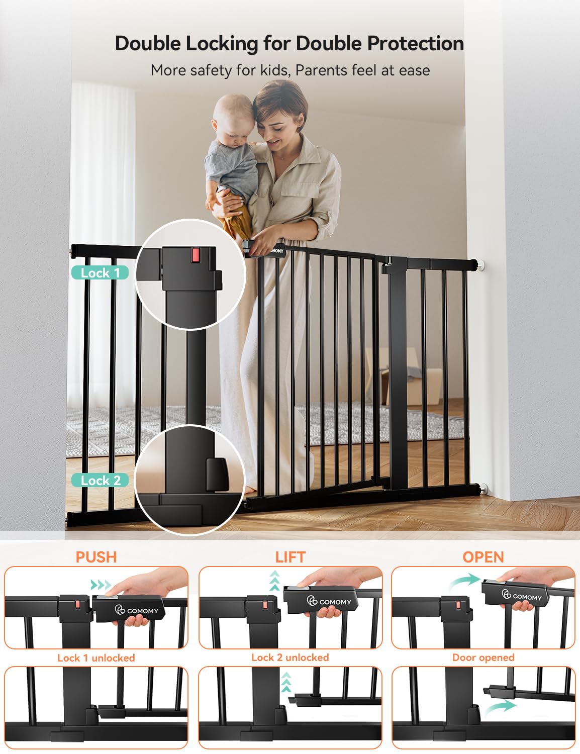 Comomy 30' Tall Baby Gate For Stairs Doorways, Fits Openings 29.5' To 51.6' Wide, Auto Close Extra Wide Dog Gate For House, Pressure Mounted Easy Walk Through Pet Gate With Door, Black