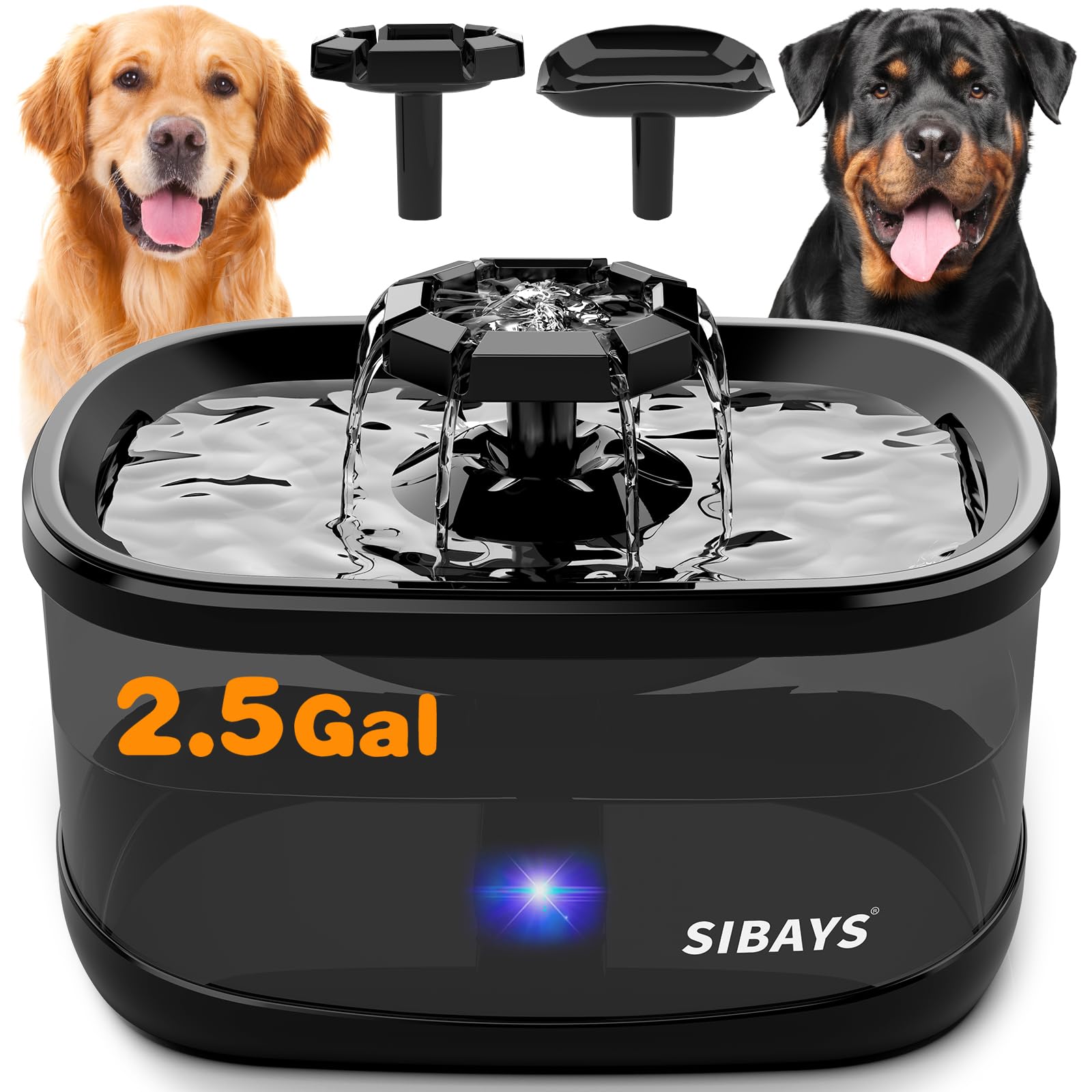 SIBAYS 2.5GAL/9.5L Dog Water Fountain, 3 Flow Modes Pet Water Fountain for Cats, Dog Water Bowl Dispenser with 7  Large Filter &