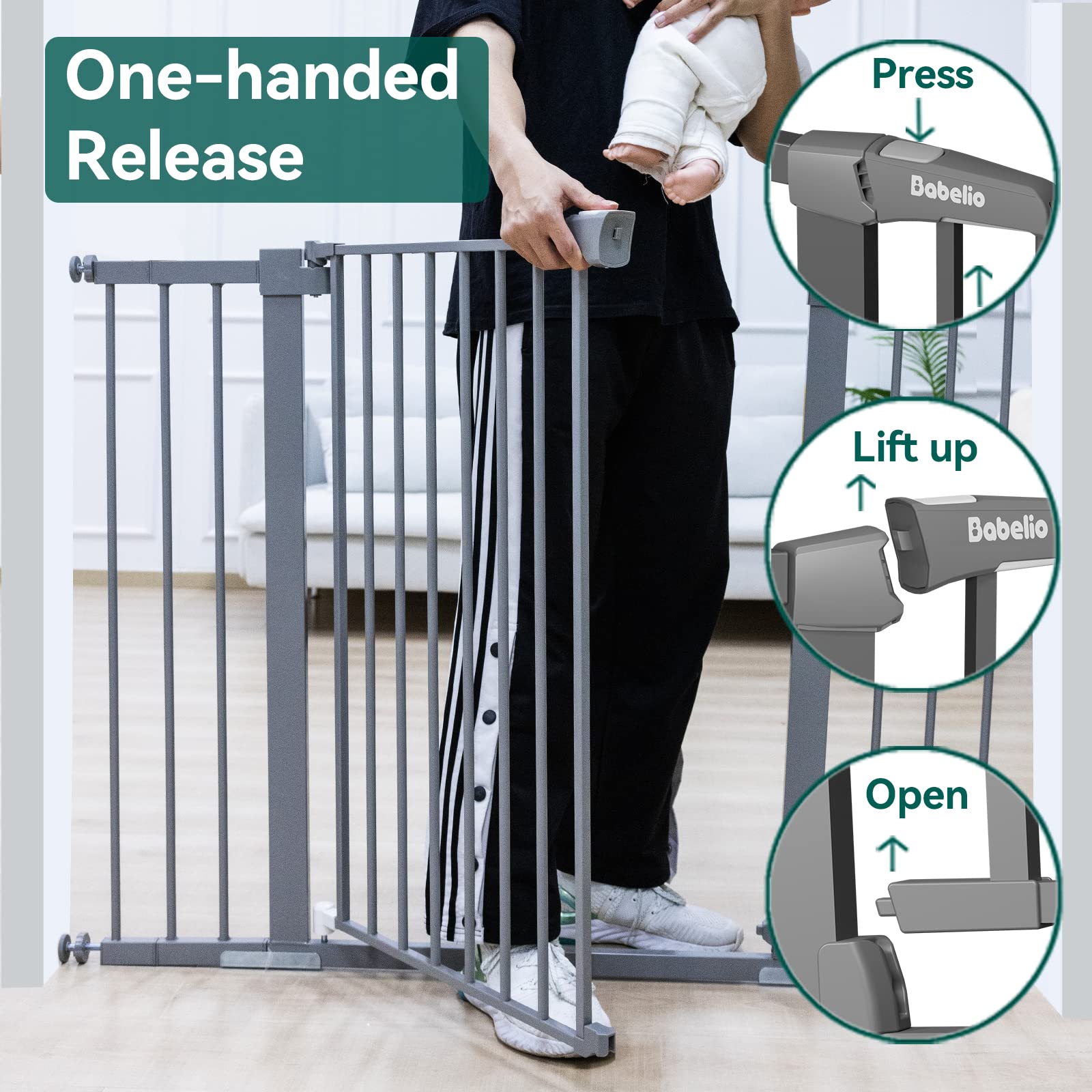 Babelio 36 Inch Tall Metal Baby Gate, 29-48' Auto Close Pressure Mounted Dog Gate For Stairs?Doorways & Hallway, Protector Basics Easy Walk Thru Pet Gate, Child Gate With 4*Wall Cups,Gray