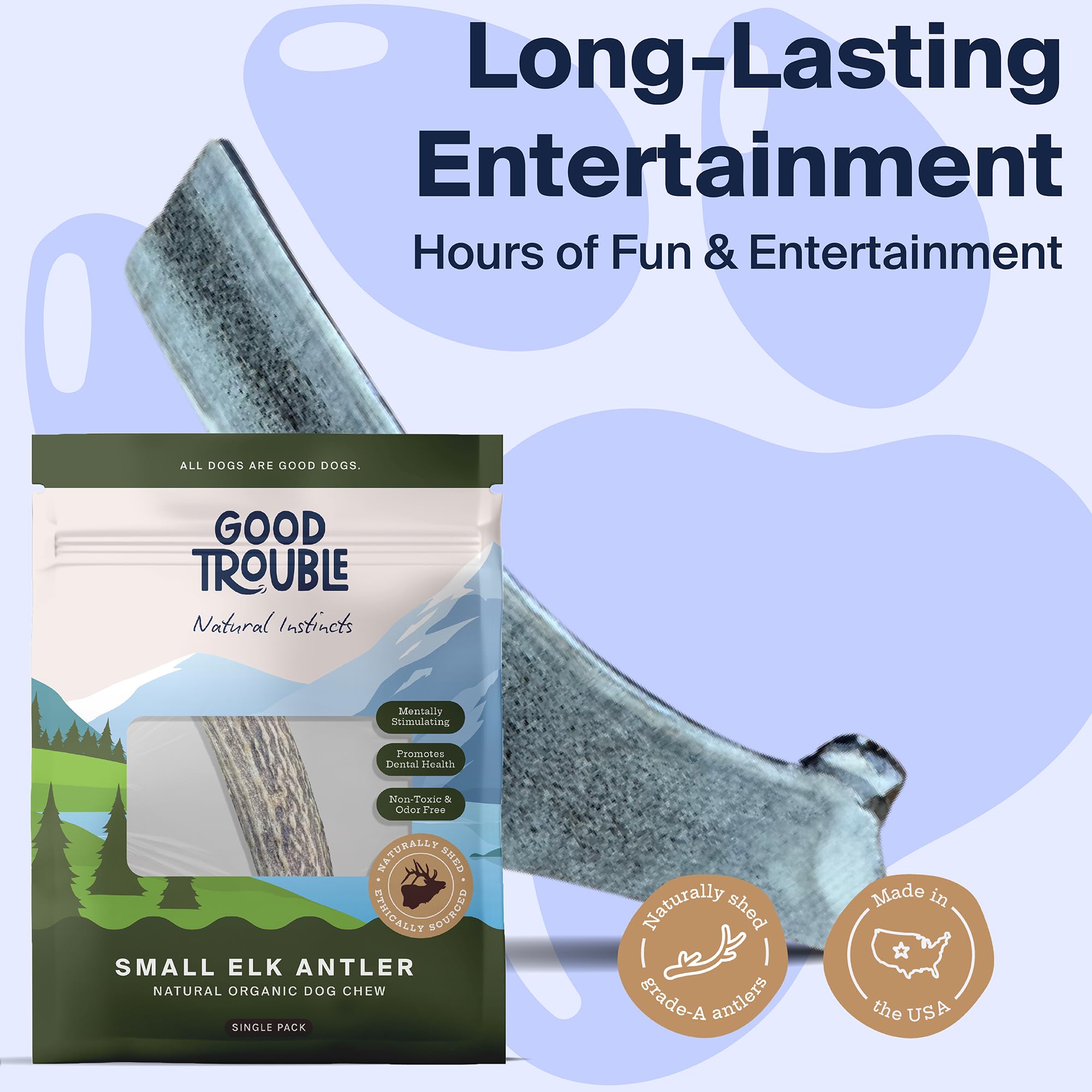 Good Trouble Premium Elk Antlers For Small Dogs - 1 Pack Split Pets - All-Natural, Shed Antler Chews For Dental Health & Calming