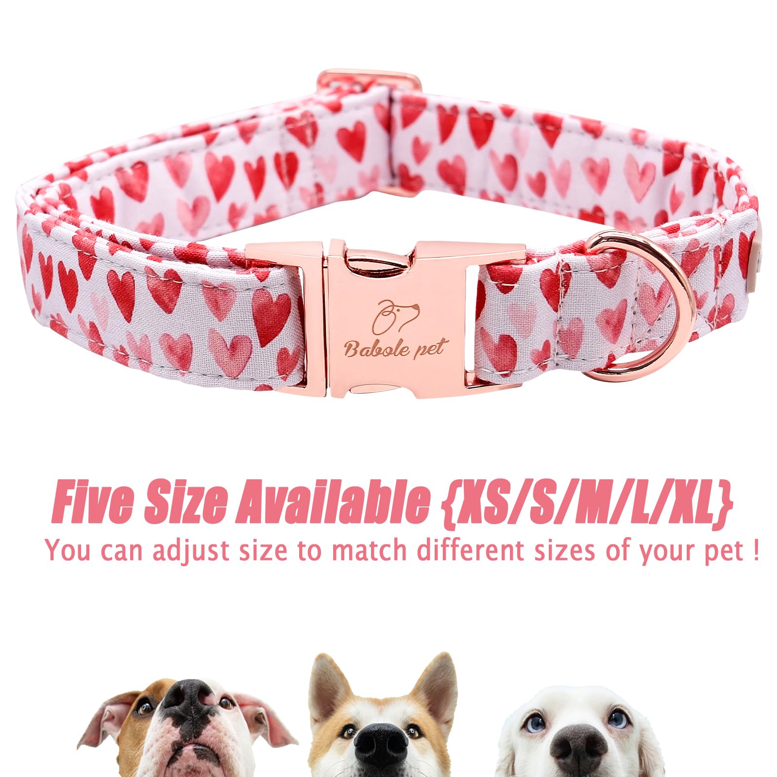 Babole Pet Valentines Dog Collar, White Red Heart Valentine Pet Collar With Metal Buckel, Durable Adjustable Holiday Dog Collars