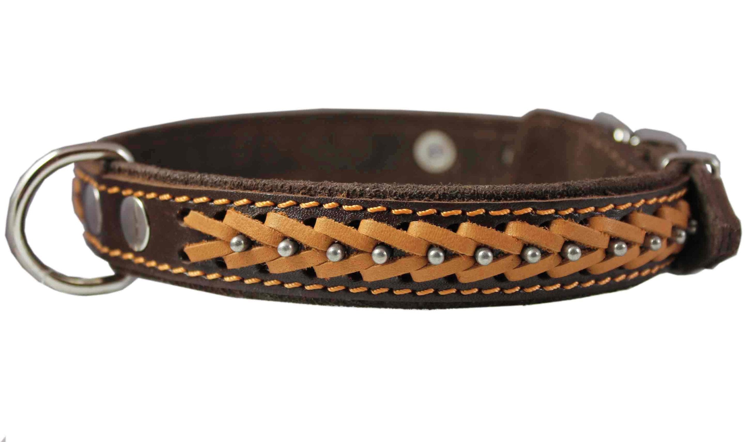 Genuine Leather Braided Studded Dog Collar, Brown 1 Wide. Fits 14-18 Neck.
