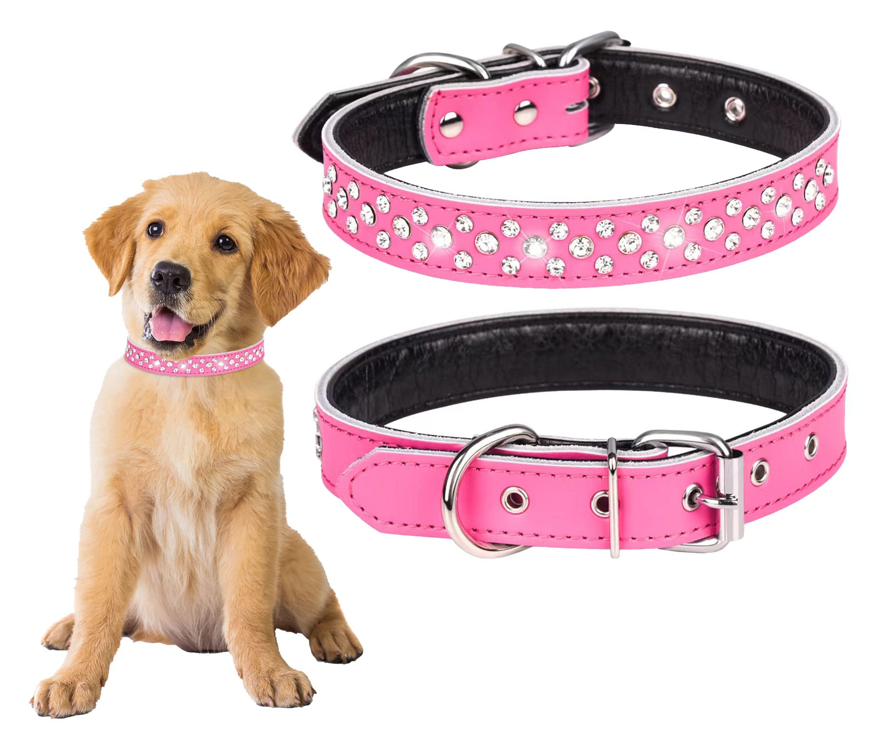 Btdcfy Rhinestones Pet Dog Collars Adjustable Sparkly Crystal Studded Genuine Leather Pet Collar For Small And Medium Dog 1' Wide (S(Neck 11-13'), Rose Red)