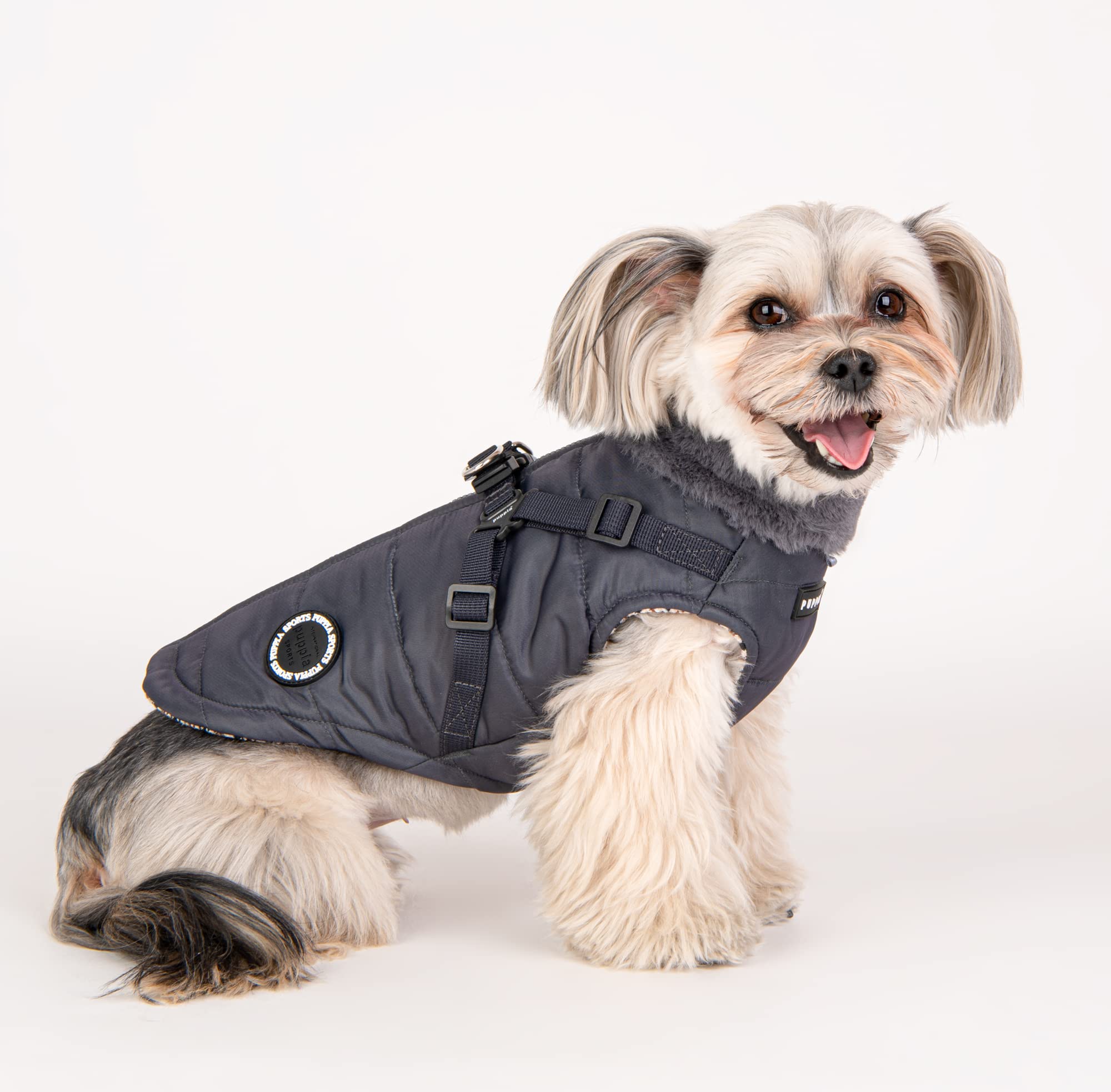 Puppia Donavan Winter Dog Coat With Integrated Harness No Pull Cold Weather Waterproof Warm Fleece Back Zipper For Small & Medium Dog, Grey, Large