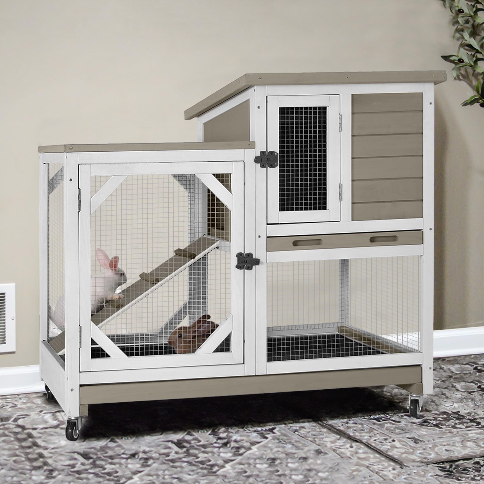 GUTINNEEN 2-Story Rabbit Hutch with Chew-Proof Ramp & Pull-Out Trays - Indoor/Outdoor 39.3 Wooden Rabbit Cage on Wheels for Rabb