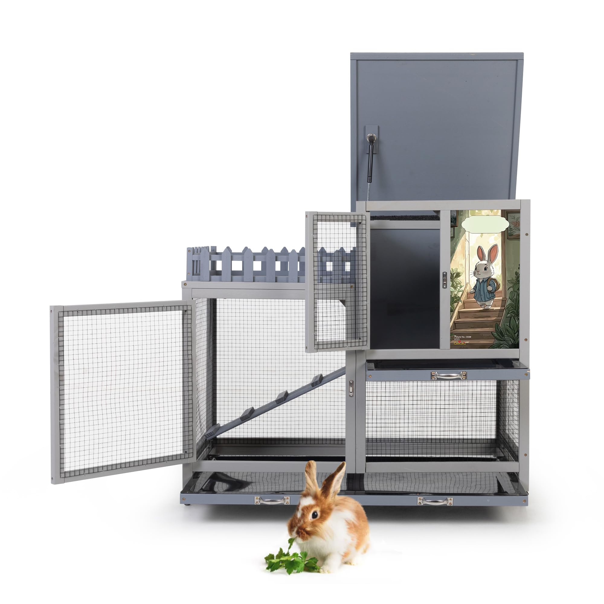 Cozivvovv Wood Rabbit Hutch With Balcony - Small Animal House Bunny Cage On Wheels For Indoor Outdoor, Included Ramp, Pull Out T