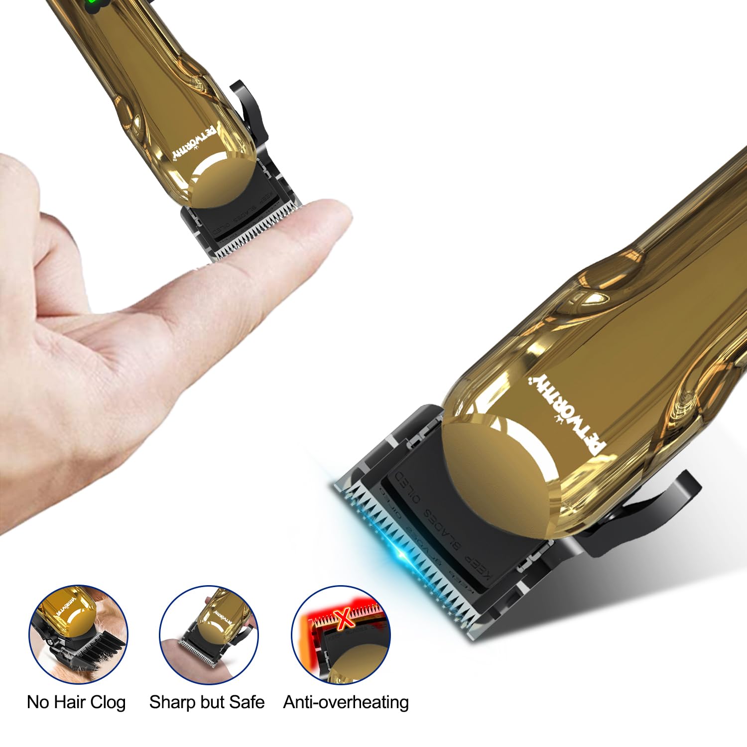 PETWORTHY Quiet Dog Grooming Kit - 2000mAh Cordless Clippers for Heavy Coats, Waterproof, Plating Gold
