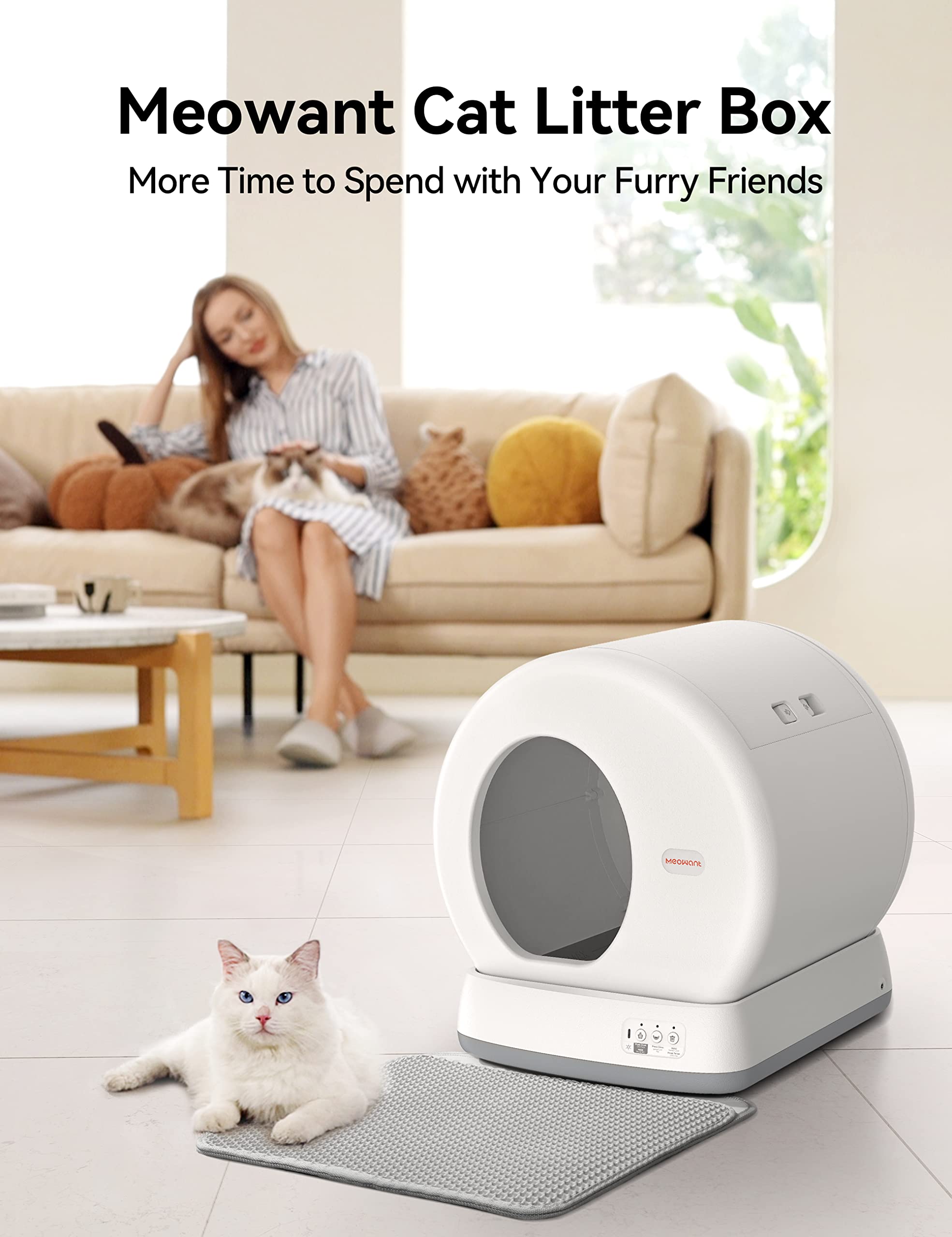 Meowant Self-Cleaning Cat Litter Box, Integrated Safety Protection Automatic Cat Litter Box For Multi Cats, Extra Large/Odor Removal/App Control Smart Cat Litter Box With Mat & Liner