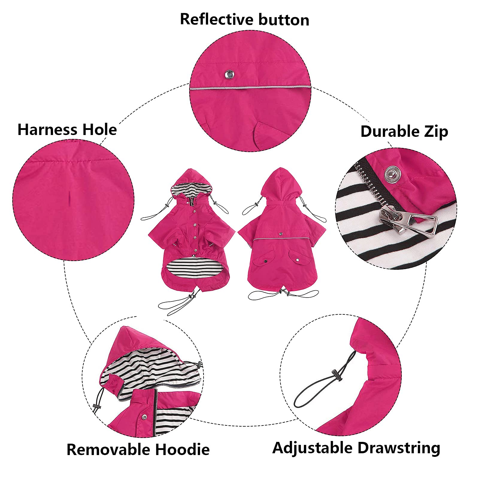 Morezi Dog Zip Up Dog Raincoat With Reflective Buttons, Rain/Water Resistant, Adjustable Drawstring, Removable Hood, Stylish Premium Dog Raincoats - Size Xs To Xxl Available - Pink - S