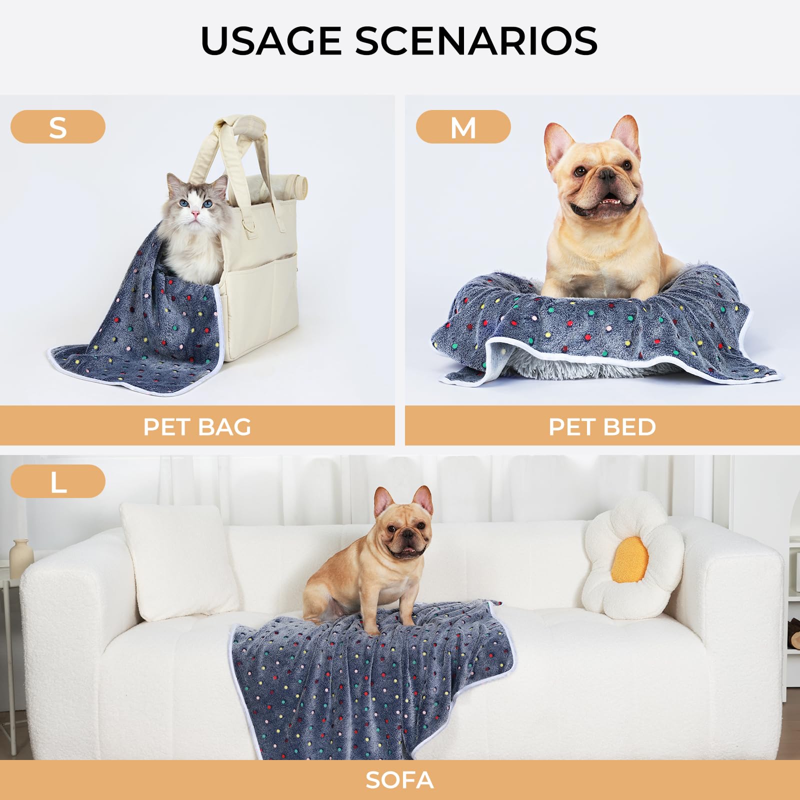 1 Pack 3 Blankets Super Soft Cute Dot Pattern Pet Blanket Flannel Throw For Dog Puppy Cat Blue/Purple/Grey Medium
