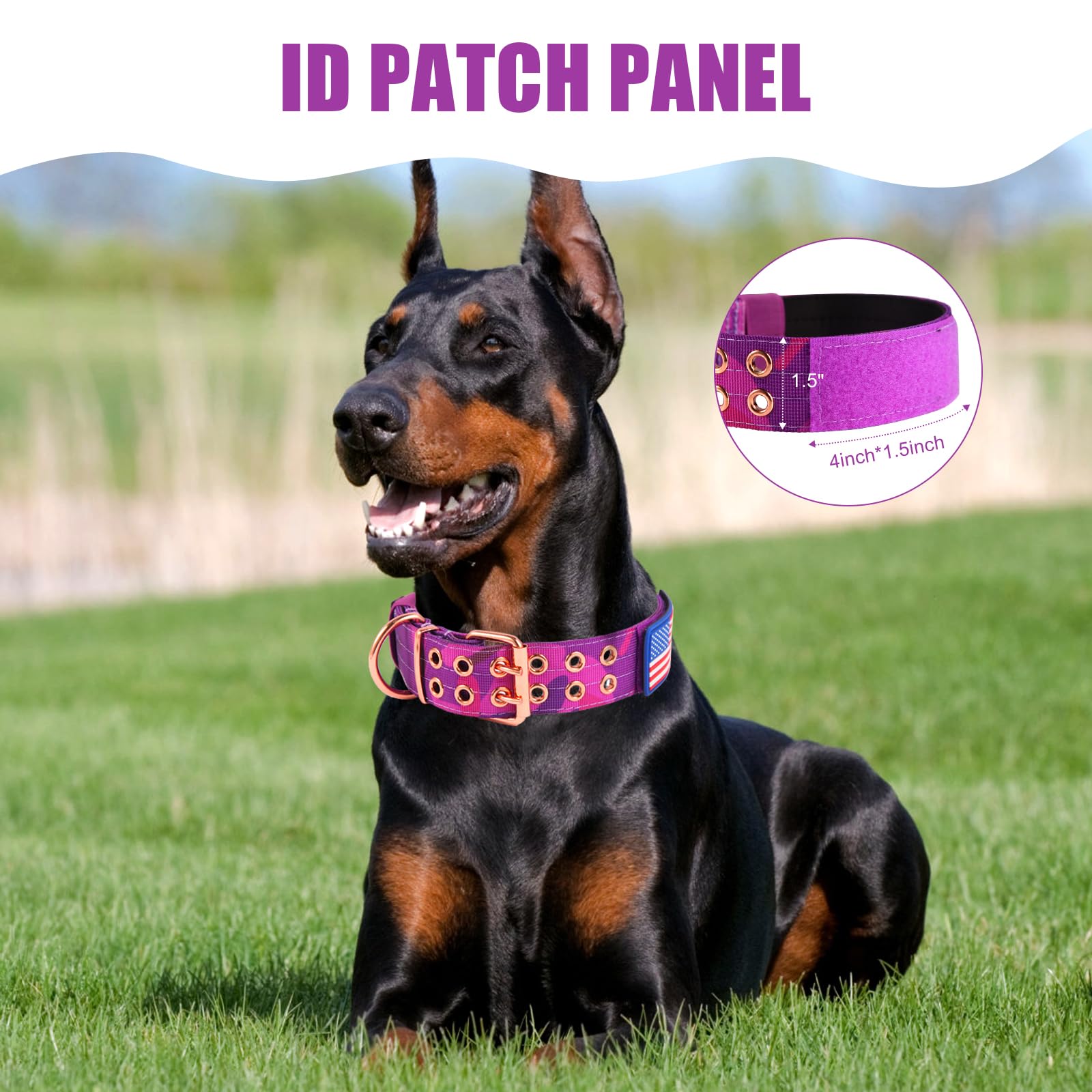 Yunleparks Heavy Duty Tactical Dog Collar With Neoprene Padded And Metal Buckle, Reflective Nylon For Medium To Large Dogs(Purpl