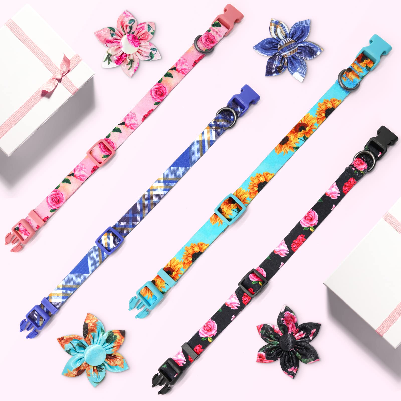 Pink Floral Girl Dog Collar With Rose Flower Bow Tie For Cute Girl Female Cats, Small Medium Large Dogs Spring Summer Season For Your Furbaby