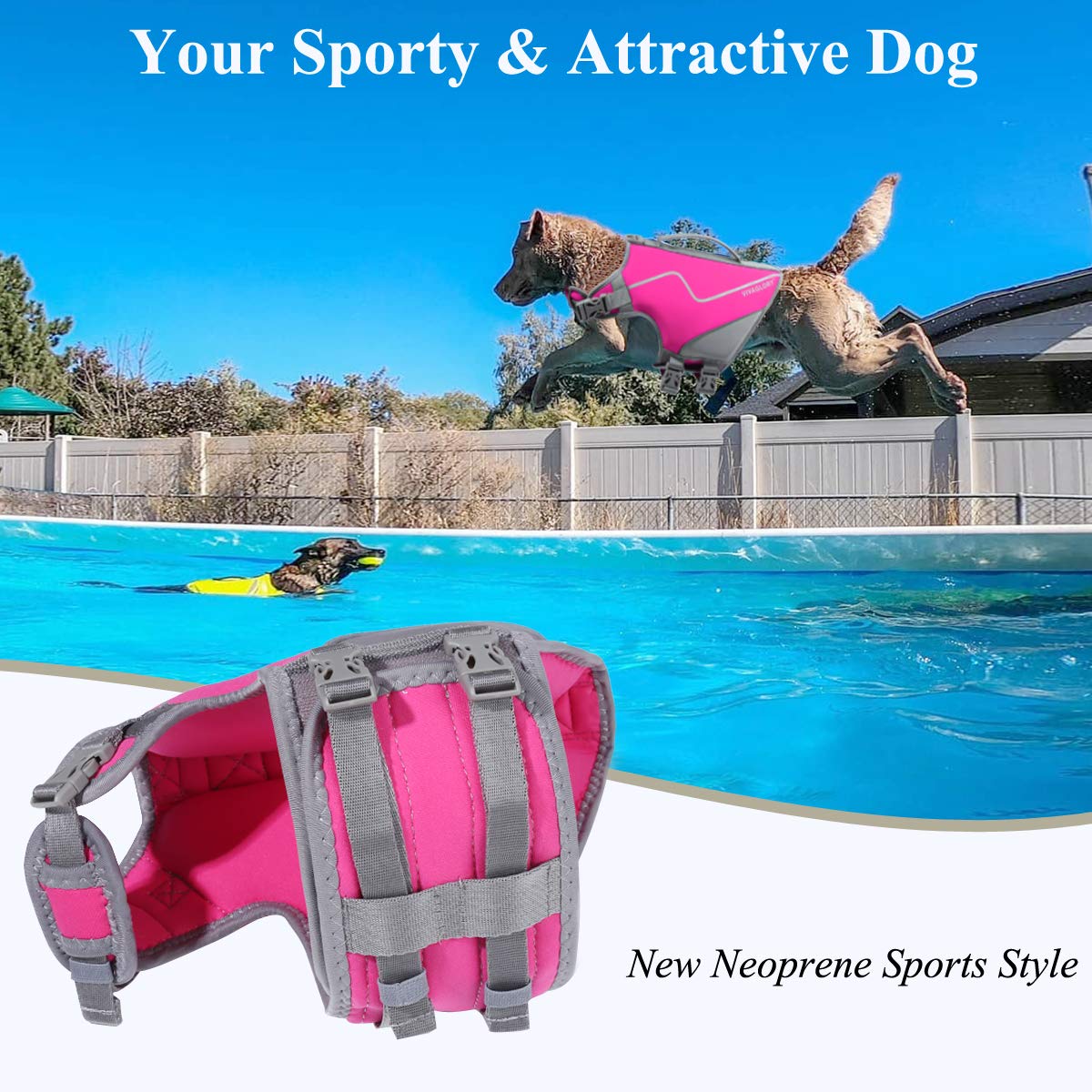 Vivaglory Neoprene Dog Life Jacket Dog Lifejacket For Boating Hunting & Swimming, Lightweight With Leash Ring, M, Pink