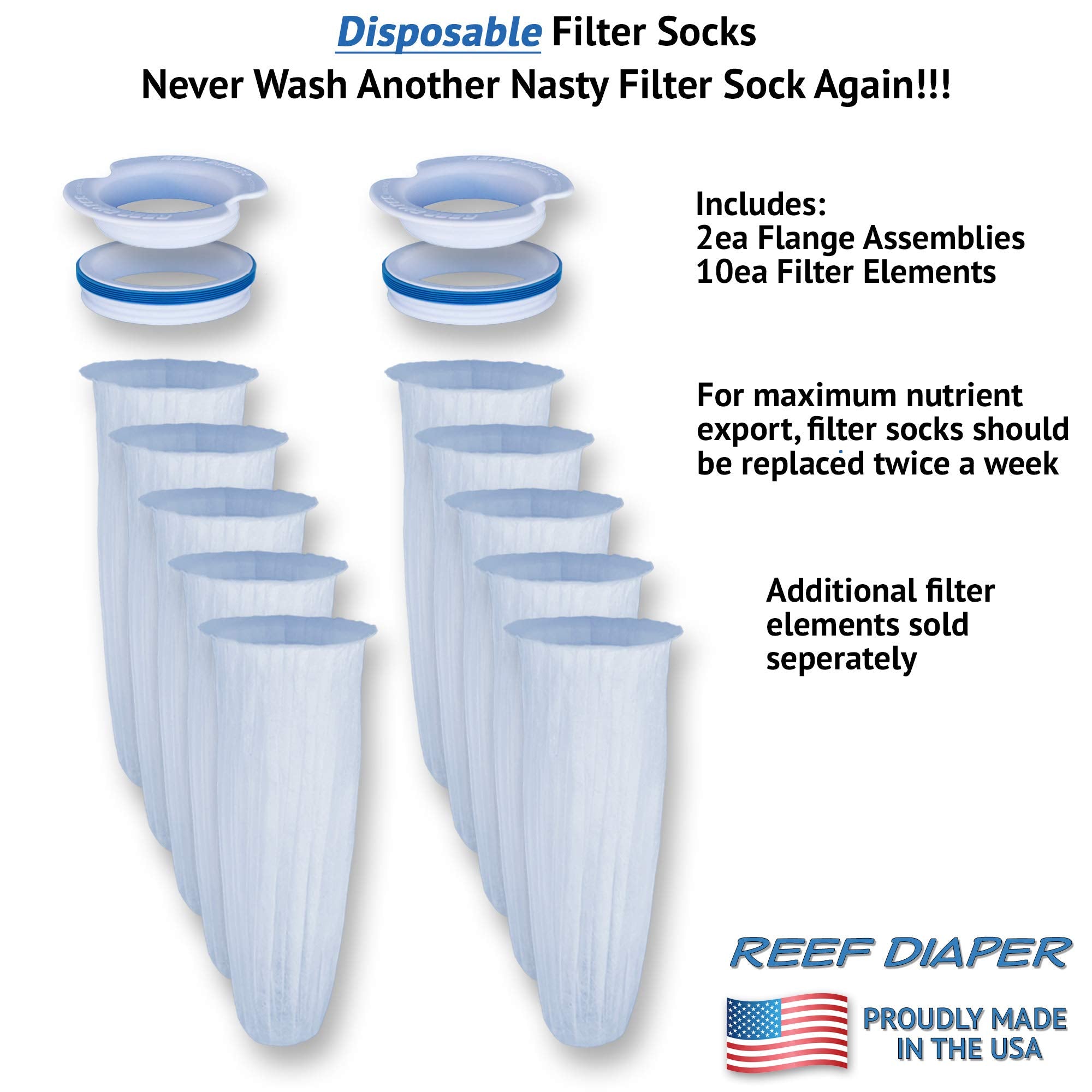 Reef Diaper Disposable Filter Socks, Replaces Standard 4' Felt Socks, Freshwater And Saltwater Compatible, Starter Kit Includes 2Ea Flange Assemblies & 10Ea Filter Elements