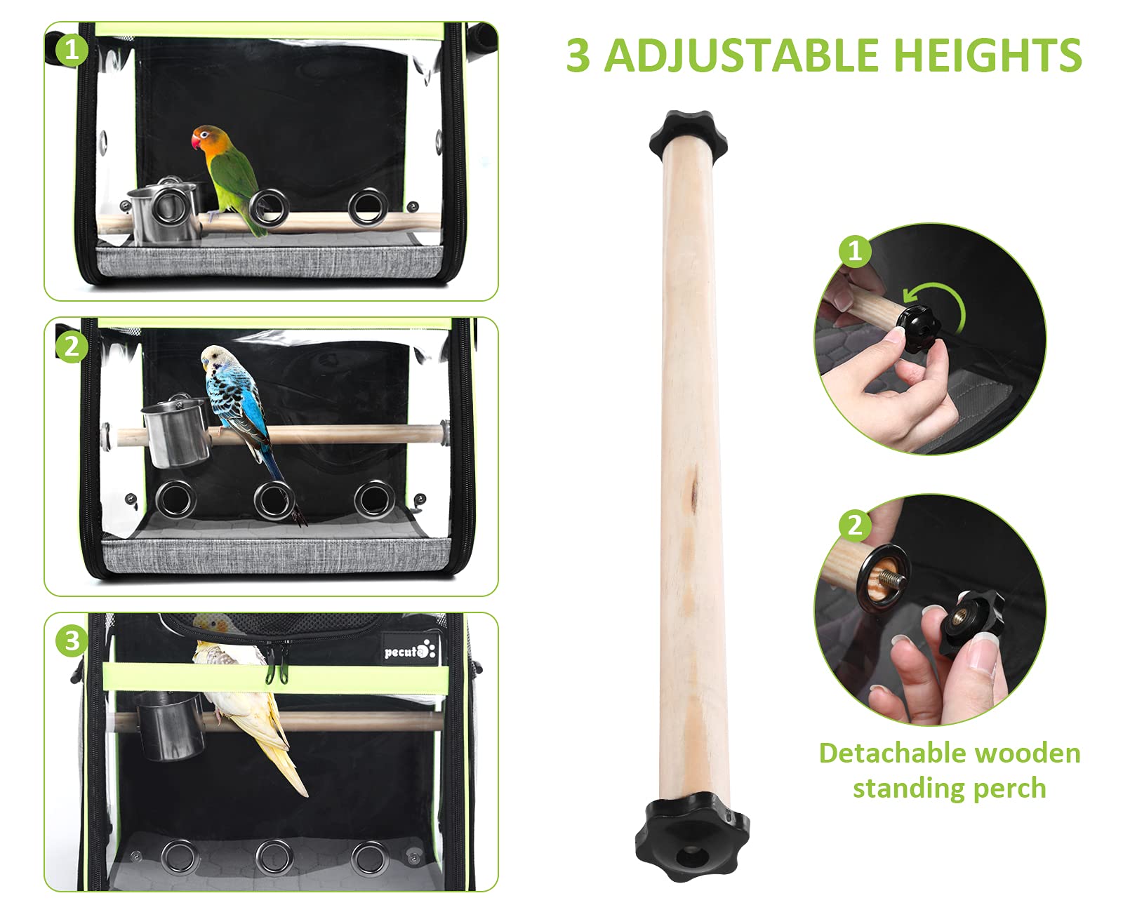 Pecute Bird Carrier Backpack, Parrots Bird Backpack with Visible Window, Adjustable Height Standing Perch, Feeding Cans, Waterpr