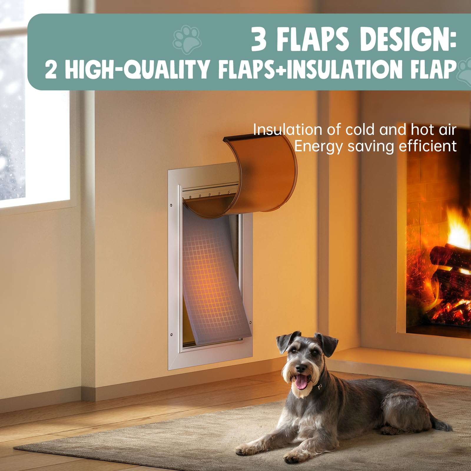 PETCOMING 3-Flap Large Dog Door - All Aluminum, White, Wall Mount, 2 Locks, Insulation, Magnetic Flaps, Model FKLHJDD3, Up to 110 LB