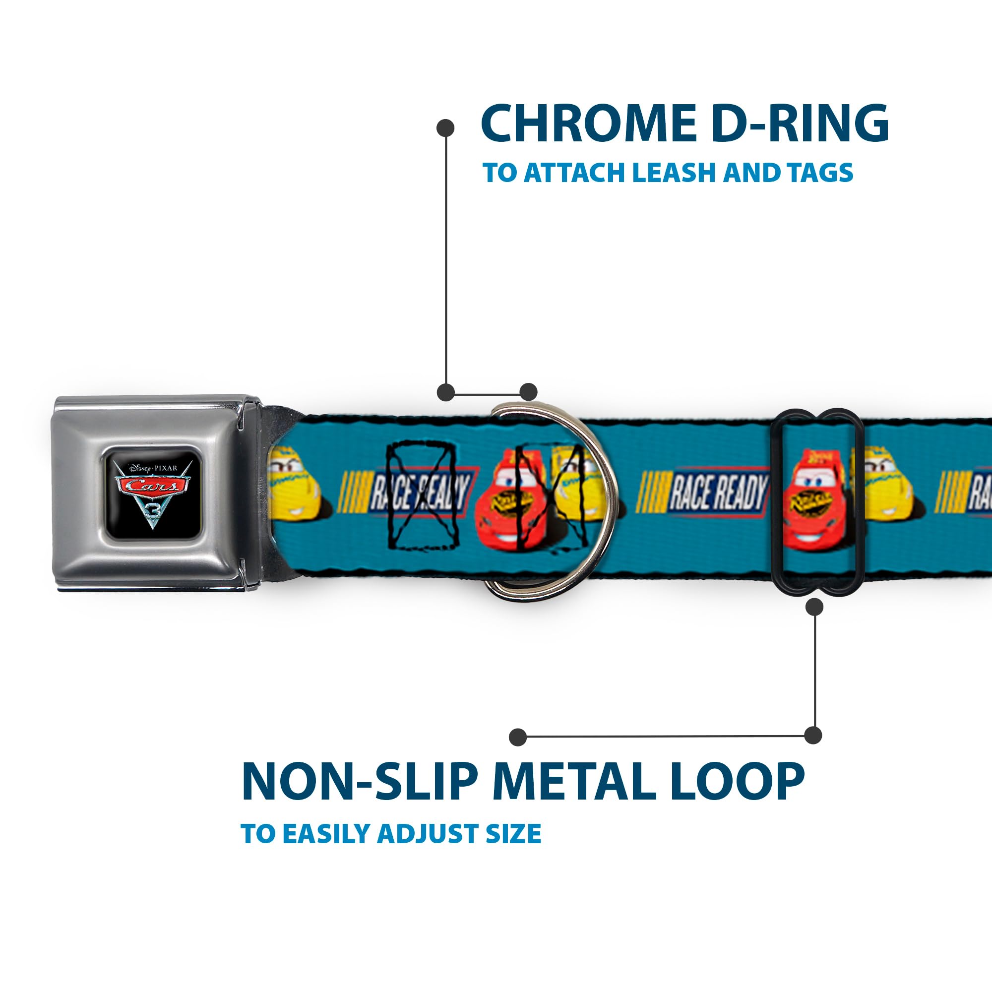 Buckle-Down Dc-Wdy417-Wm Seatbelt Dog Collar, Wide Medium, Cars 3 Lightning Mcqueen/Cruz Ramirez Pose Race Ready Blue/Yellow/Red