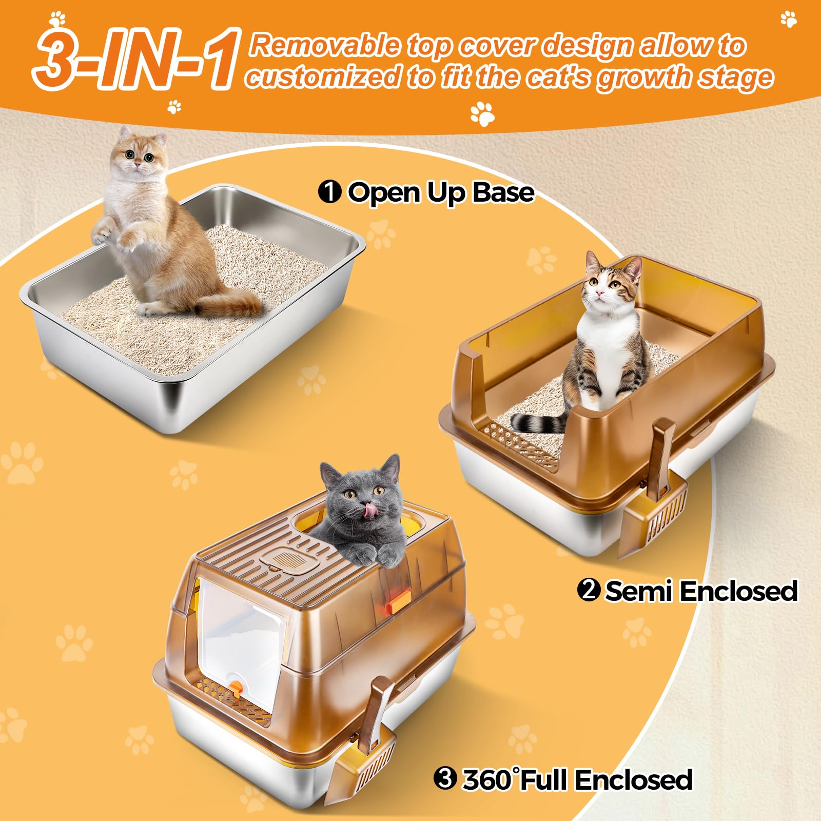 Bartuke Stainless Steel Cat Litter Box With Lid, Extra Large Enclosed Litter Box For Big Cats High Sided Metal With Removable Li