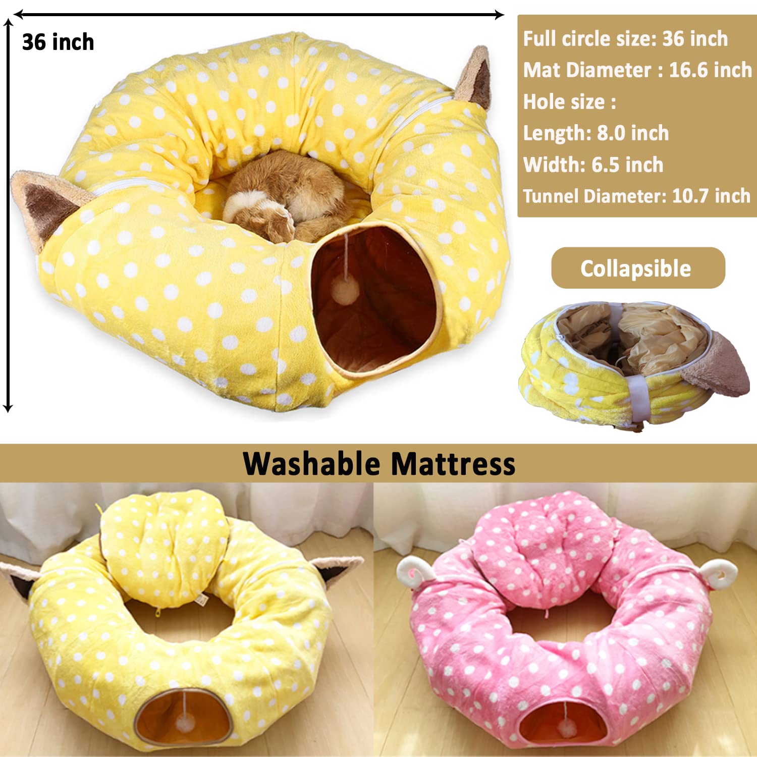 Auoon Cat Tunnel Bed With Central Mat,Big Tube Playground Toys,Soft Plush Material,Full Moon Shape For Kitten,Cat,Puppy,Dog,Rabbit,Ferret,Pink