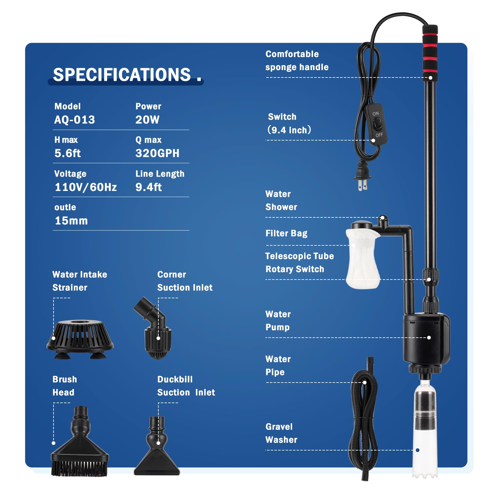 AQQA Electric Aquarium Gravel Cleaner Kit - 6 in 1 Fish Tank Vacuum, 20W 320GPH, Black, Model FUS-AQ013
