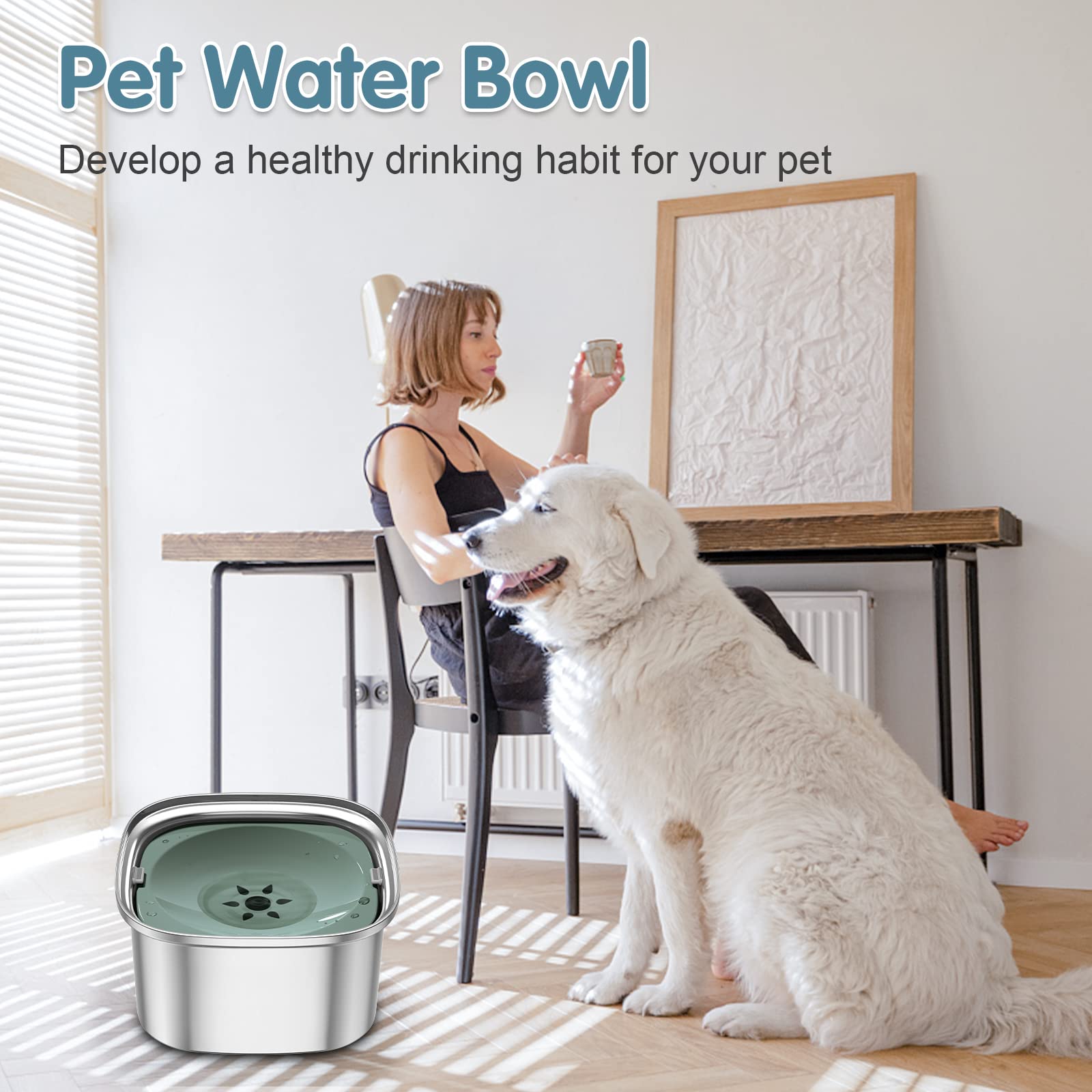 UPSKY 3L Dog Water Bowl 101oz Stainless Steel Dog Bowl No Spill Large Capacity Dog Food Water Bowl Slow Water Feeder, Spill Proo