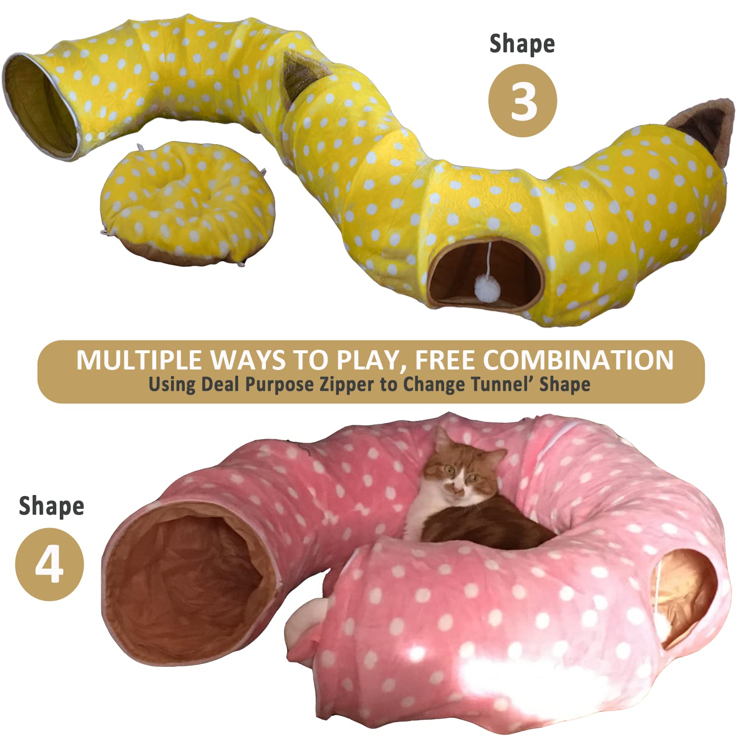 Auoon Cat Tunnel Bed With Central Mat,Big Tube Playground Toys,Soft Plush Material,Full Moon Shape For Kitten,Cat,Puppy,Dog,Rabbit,Ferret,Pink