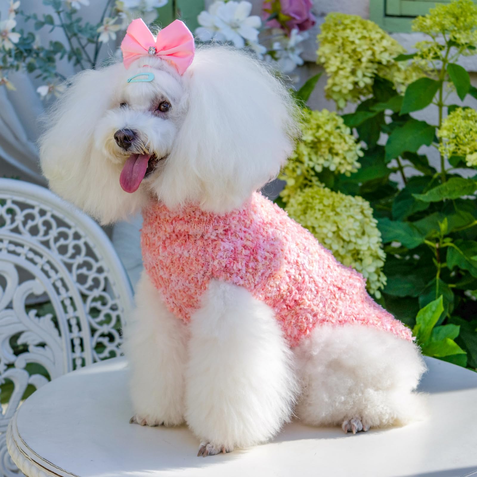 Cutebone Pink Dogs Sweater For Medium Large Dogs Girls Butterfly Yarn Knit Turtleneck Pet Winter Clothes Cat Apparel With Leash