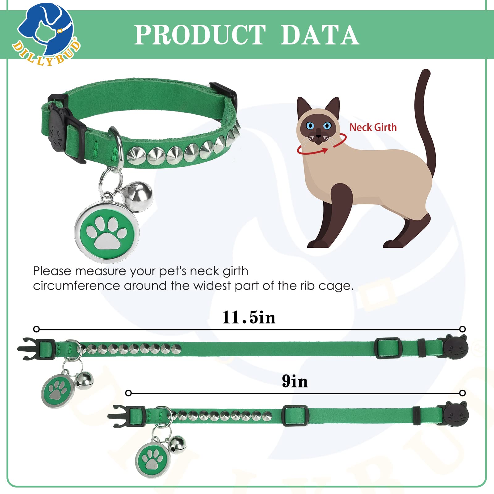 Dillybud Leather Personalized Breakaway Cat Collar With Studded Bell And Safety Quick Release Buckle - Rivets Studded Id Diy Collars For Boy Girl Cats Kittens, 9' - 11.5' Green